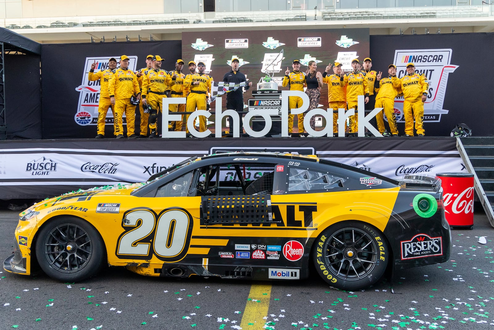 Christopher Bell's team celebrates after a win in a NASCAR Cup Series auto race at Circuit of the Americas in Austin, Texas, Sunday, March 2, 2025. (AP Photo/Stephen Spillman)