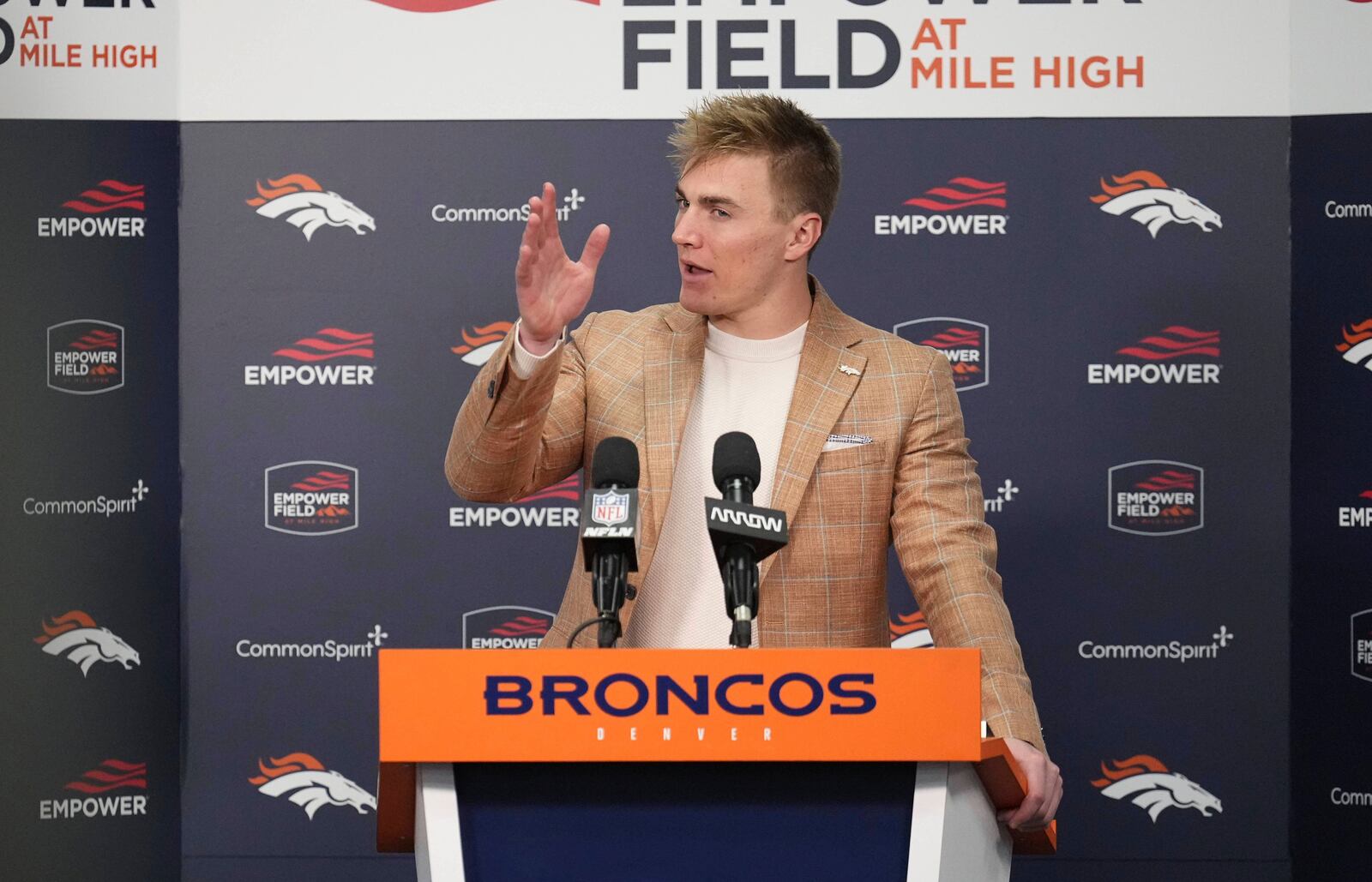 Denver Broncos quarterback Bo Nix talks during a news conference following an NFL football game against the Cleveland Browns, Monday, Dec. 2, 2024, in Denver. (AP Photo/Jack Dempsey)