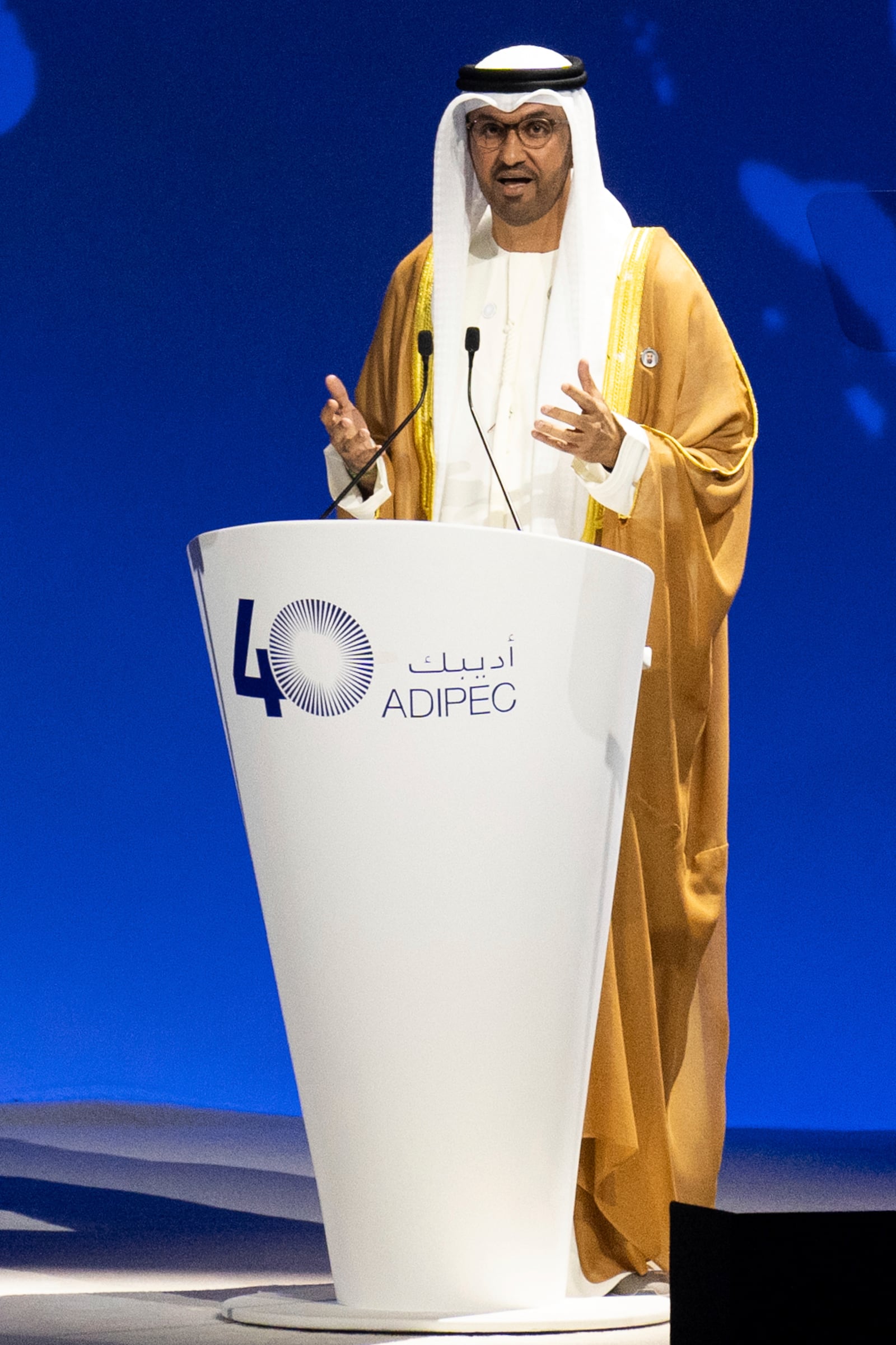 UAE Minister of Industry and Advanced Technology and Managing Director of state-run Abu Dhabi National Oil Co. (ADNOC) Sultan al-Jaber speaks during the inaugural session of annual Abu Dhabi International Petroleum Exhibition and Conference (ADIPEC), Oil and Energy exhibition and conference in Abu Dhabi, United Arab Emirates, Monday, Nov. 4, 2024. (AP Photo/Altaf Qadri)