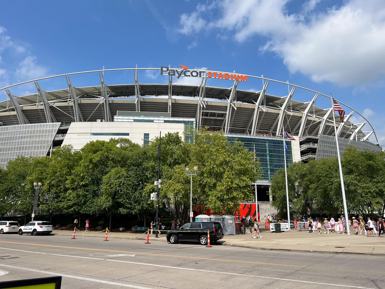 The Paycor Stadium name on the Cincinnati Bengals stadium is seen Friday, June 30, 2023 as superstar singer Taylor Swift performs inside. TOM GILLIAM/CONTRIBUTING PHOTOGRAPHER