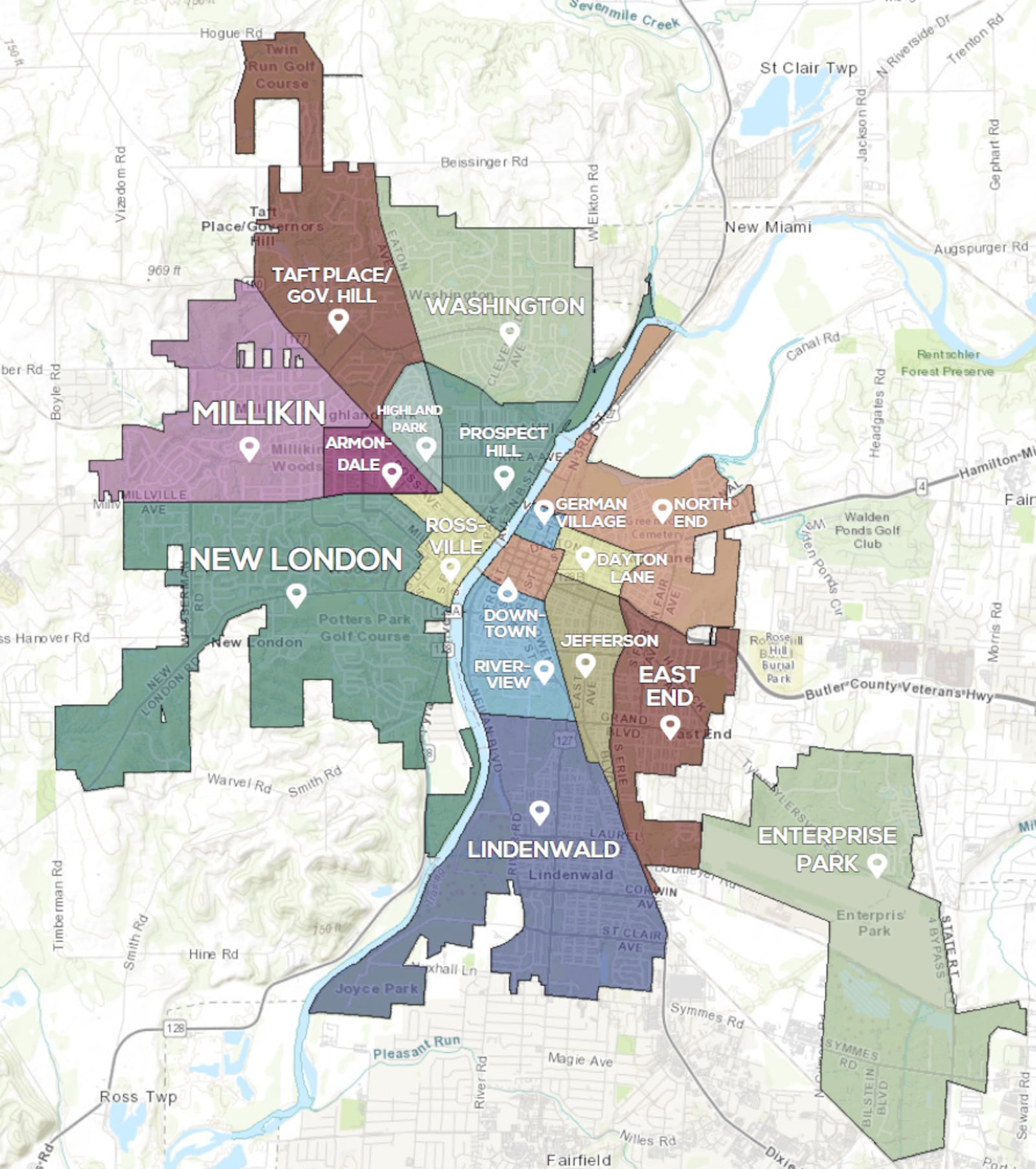 A map of the 17 neighborhoods of Hamilton, Ohio. CONTRIBUTED