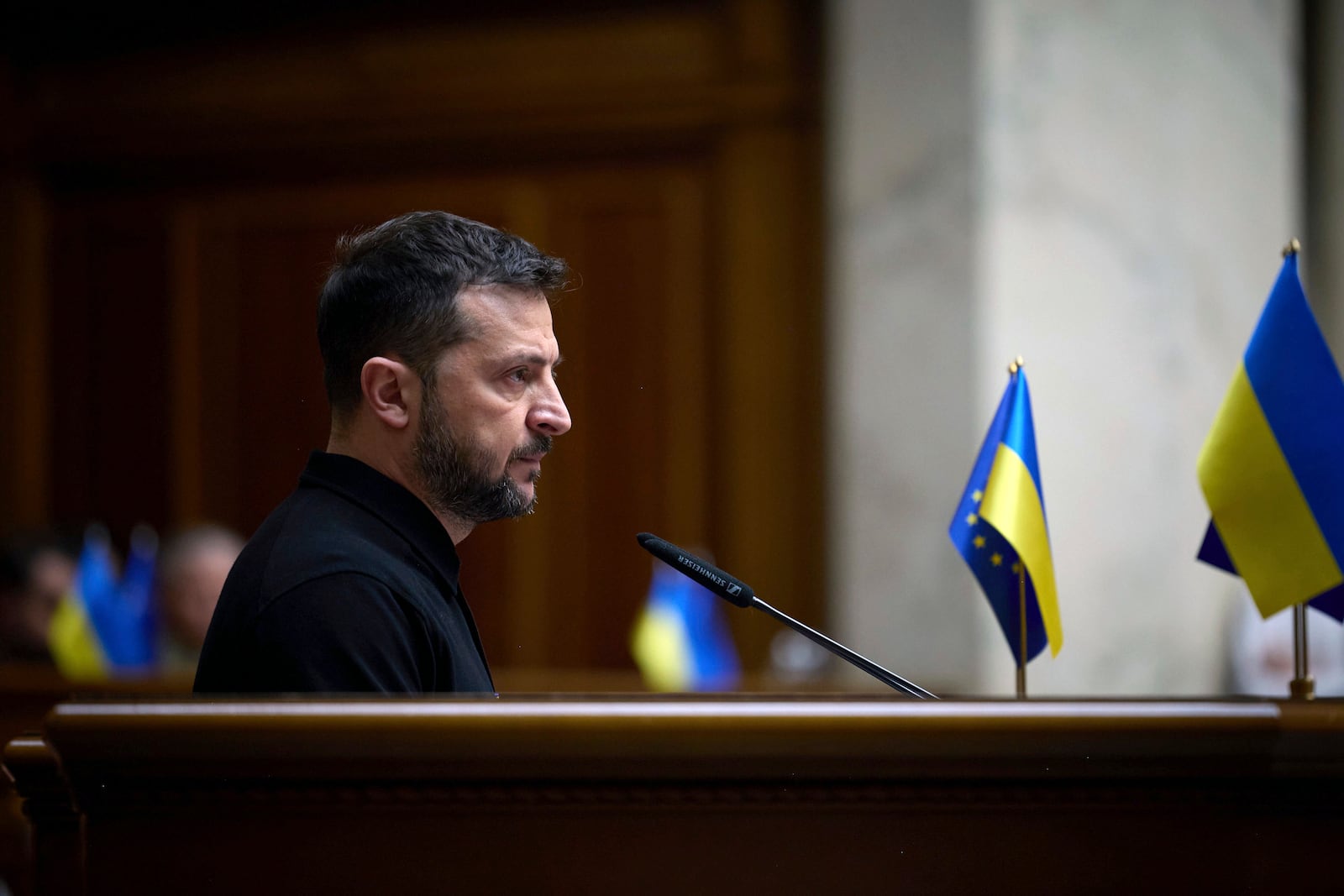 In this photo provided by the Press Service Of The President Of Ukraine on Oct. 16, 2024, Ukraine's President Volodymyr Zelenskyy speaks to parliamentarians at Verkhovna Rada in Kyiv, Ukraine. (Press Service Of The President Of Ukraine via AP)