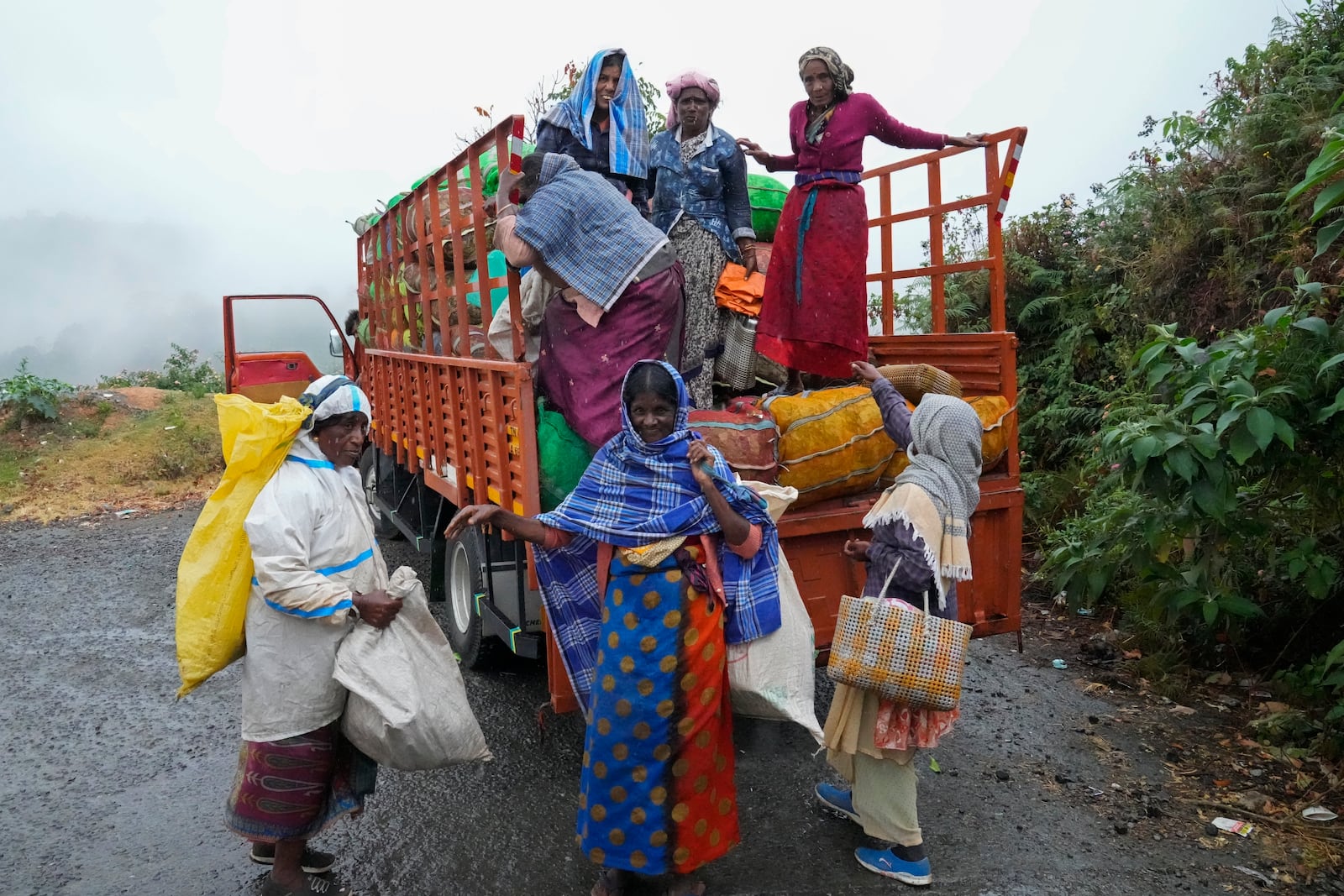 Tea workers disembark from a truck filled with sacks of tea leaves collected from an estate in Nilgiris district, India, Thursday, Sept. 26, 2024. (AP Photo/Aijaz Rahi)