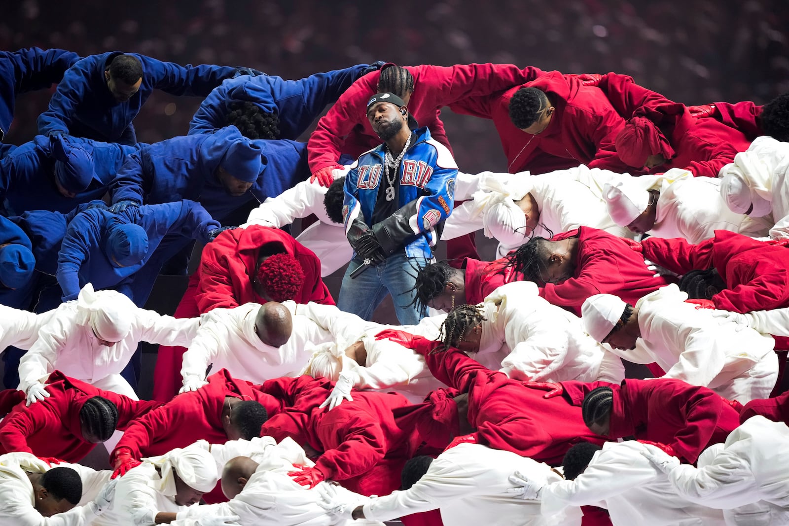 Kendrick Lamar performs during halftime of the NFL Super Bowl 59 football game between the Kansas City Chiefs and the Philadelphia Eagles, Sunday, Feb. 9, 2025, in New Orleans. (AP Photo/Matt Slocum)