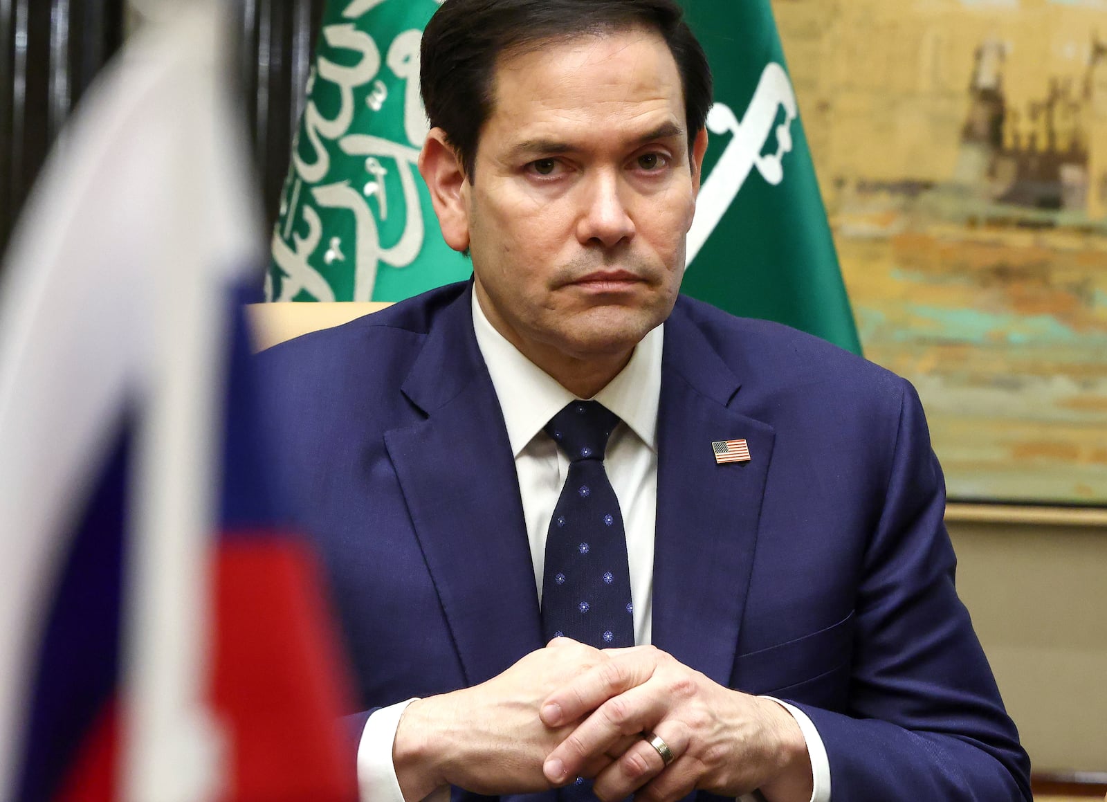 U.S. Secretary of State Marco Rubio attends an interview after meeting with Russian Foreign Minister Sergei Lavrov and Russian President Vladimir Putin's foreign policy advisor Yuri Ushakov, U.S. National Security Advisor Mike Waltz, and U.S. Middle East envoy Steve Witkoff,at Diriyah Palace, in Riyadh, Saudi Arabia, Tuesday, Feb. 18, 2025. (Evelyn Hockstein/Pool Photo via AP)