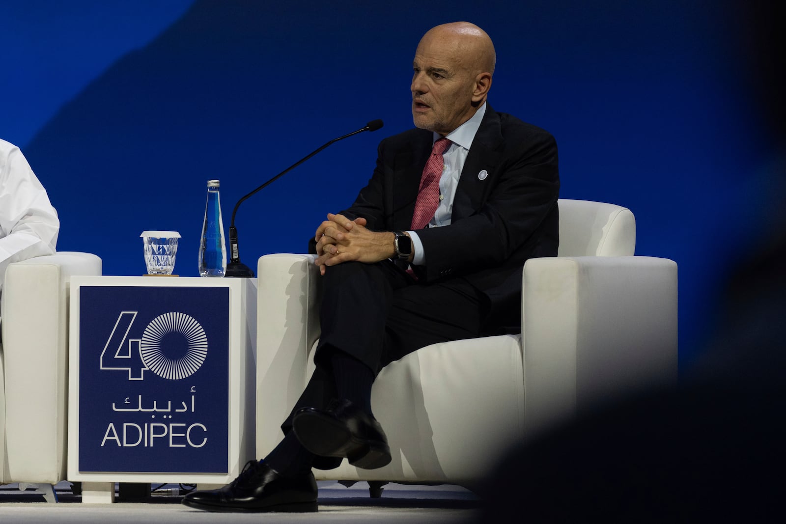 Claudio Descalzi CEO Eni talks at a panel during the Abu Dhabi International Petroleum Exhibition & Conference (ADIPEC) in Abu Dhabi, United Arab Emirates, Monday, Nov. 4, 2024. (AP Photo/Altaf Qadri)