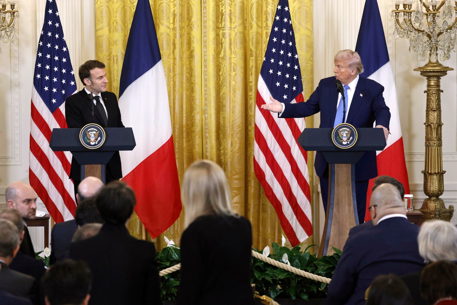 President Donald Trump speaks during a joint press conference with France's President Emmanuel Macron in the East Room of the White House in Washington, Monday, Feb. 24, 2025. (Ludovic Marin/Pool via AP)