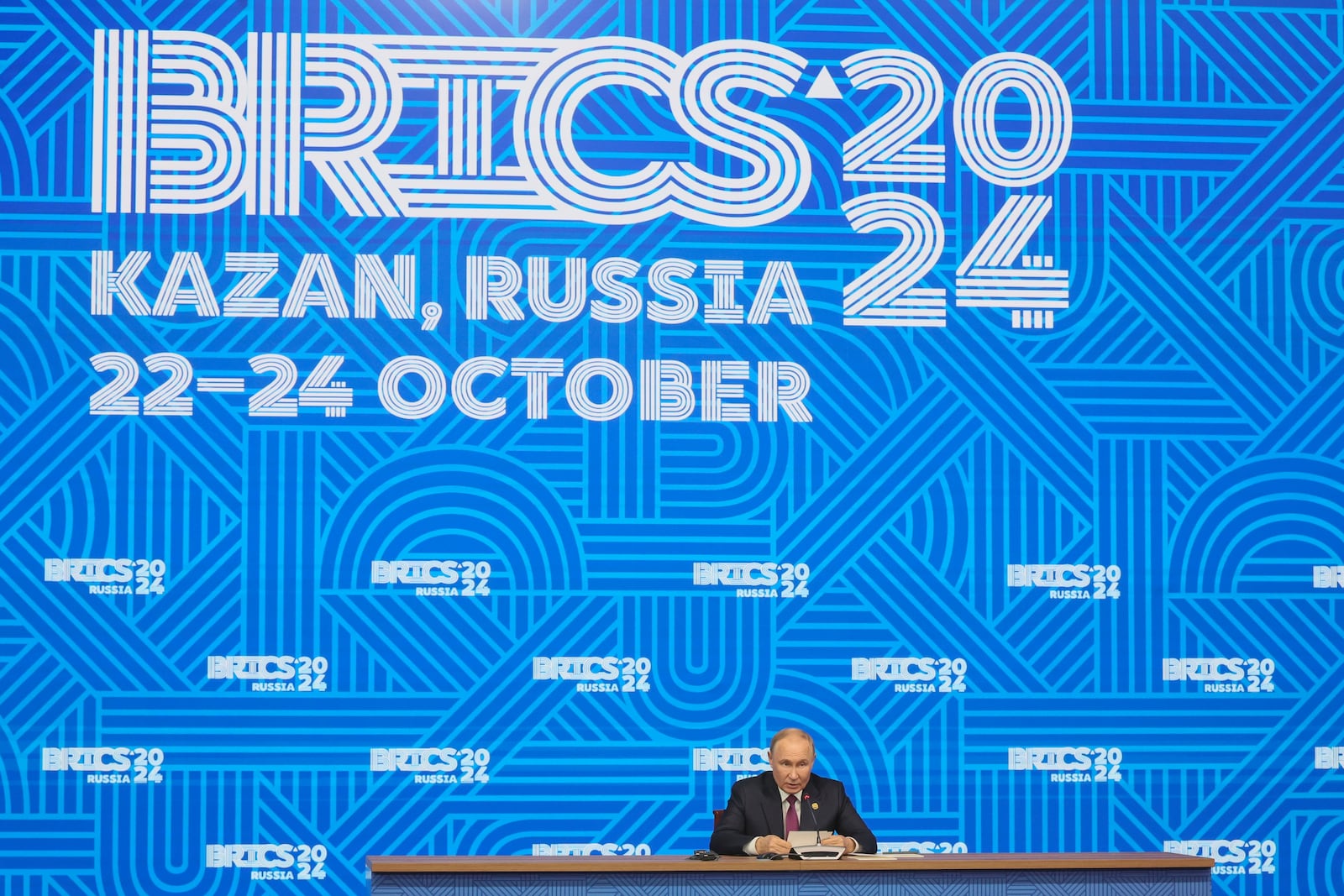 Russian President Vladimir Putin holds a press conference at BRICS Summit in Kazan, Russia, Thursday, Oct. 24, 2024. (Maxim Shipenkov, Pool Photo via AP)