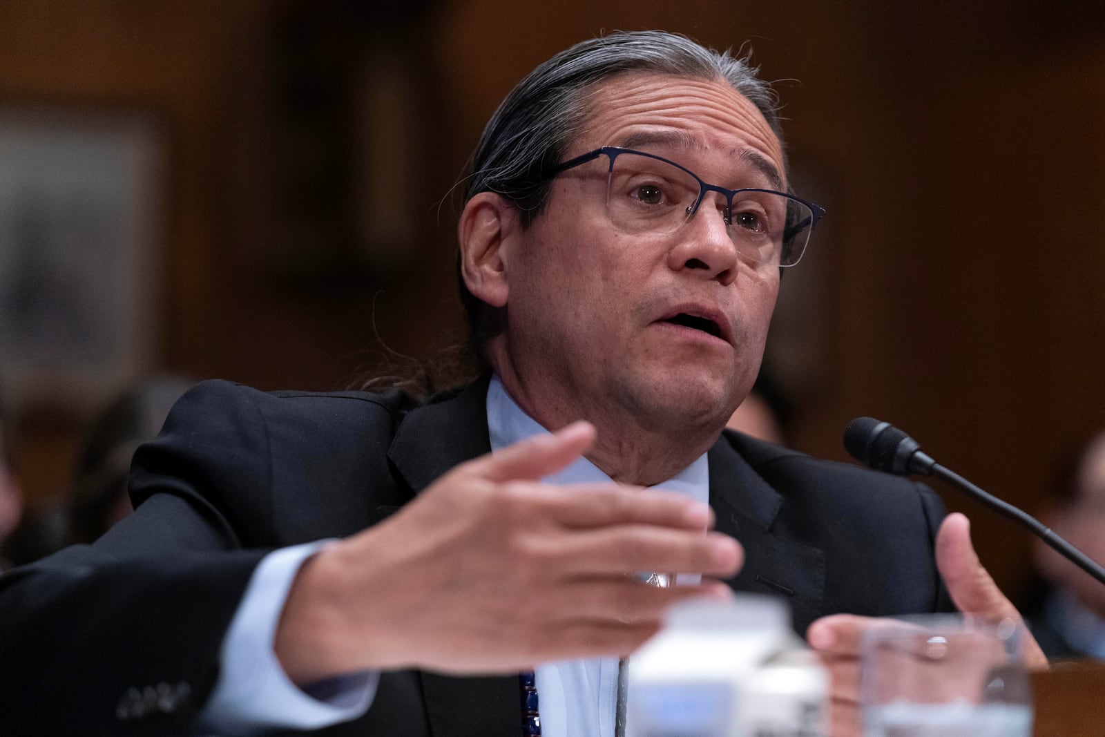 Mark Macarro, President, National Congress of American Indians, testifies before the Senate Indian Affairs Committee during a hearing on Native communities' priorities for the 119th Congress, on Capitol Hill in Washington, Wednesday, Feb. 12, 2025. (AP Photo/Jose Luis Magana)