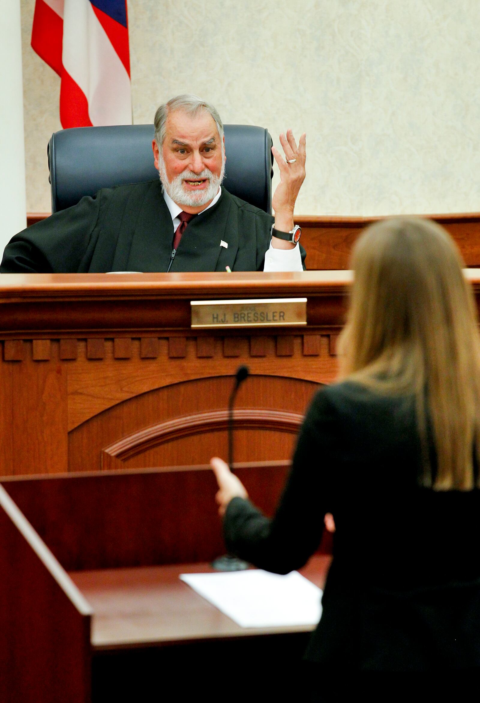 12th District Court of Appeals Judge Harvey Joel Bressler asks a question to defense attorney Michele Berry during an appeal hearing attempting to overturn Ryan Widmer's conviction at the courthouse Monday, April 16, 2012, in Middletown, Ohio.