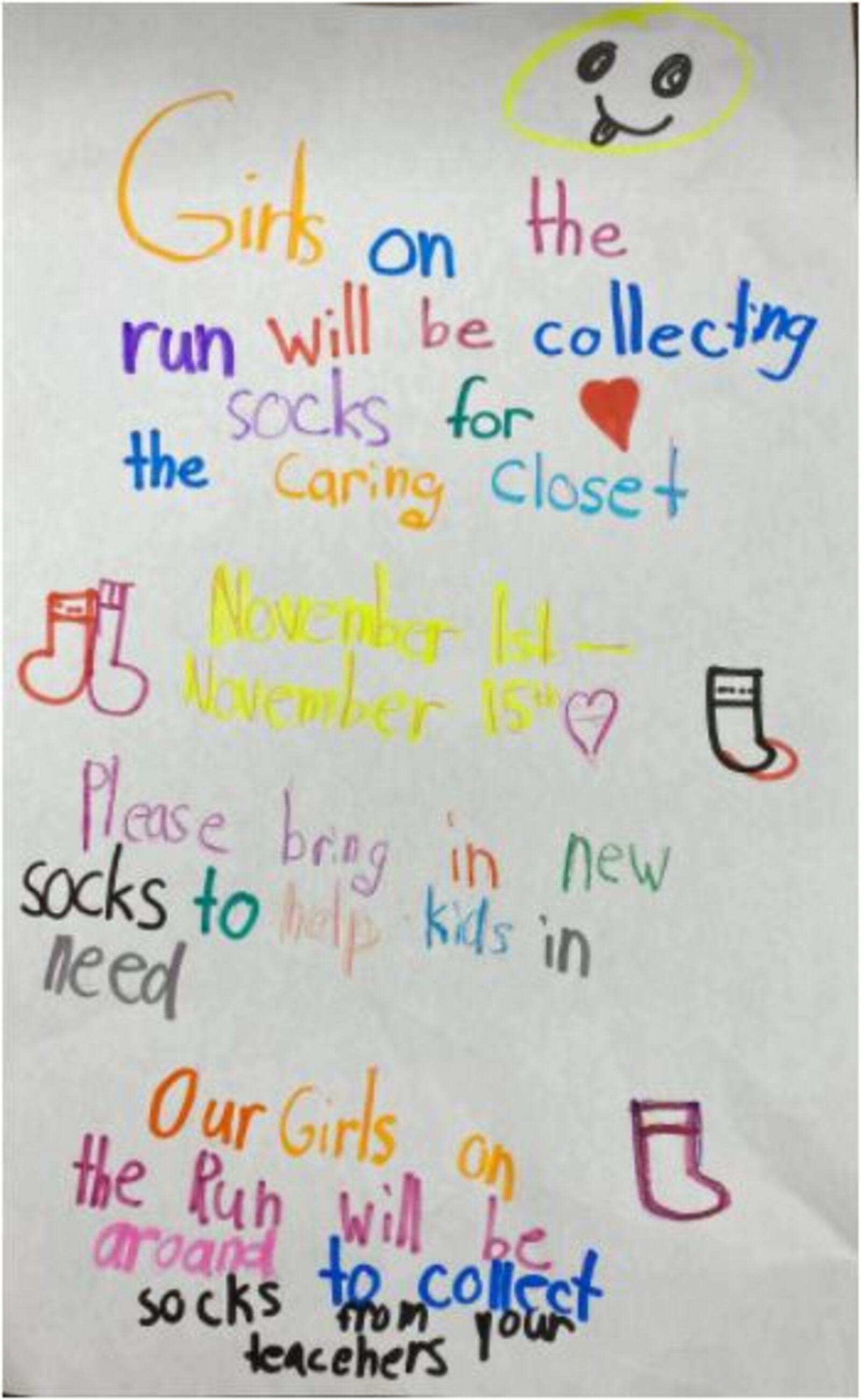 The Girls on the Run club at St. Antoninus School in Green Township used this poster to encourage students to donate socks for a local sock drive. PROVIDED