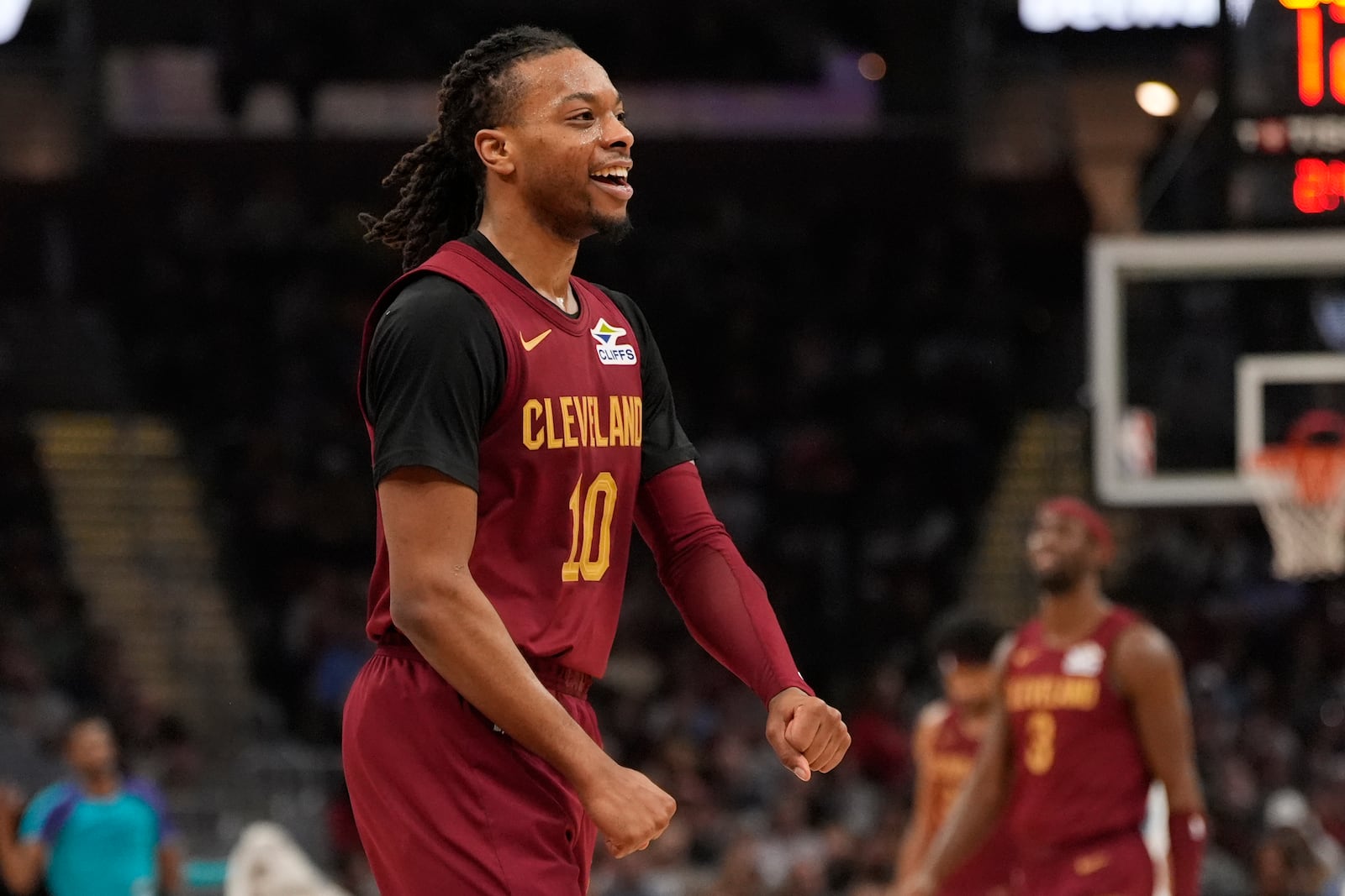 Cleveland Cavaliers guard Darius Garland (10) celebrates in the first half of an NBA basketball game against the Charlotte Hornets, Sunday, Jan. 5, 2025, in Cleveland. (AP Photo/Sue Ogrocki)