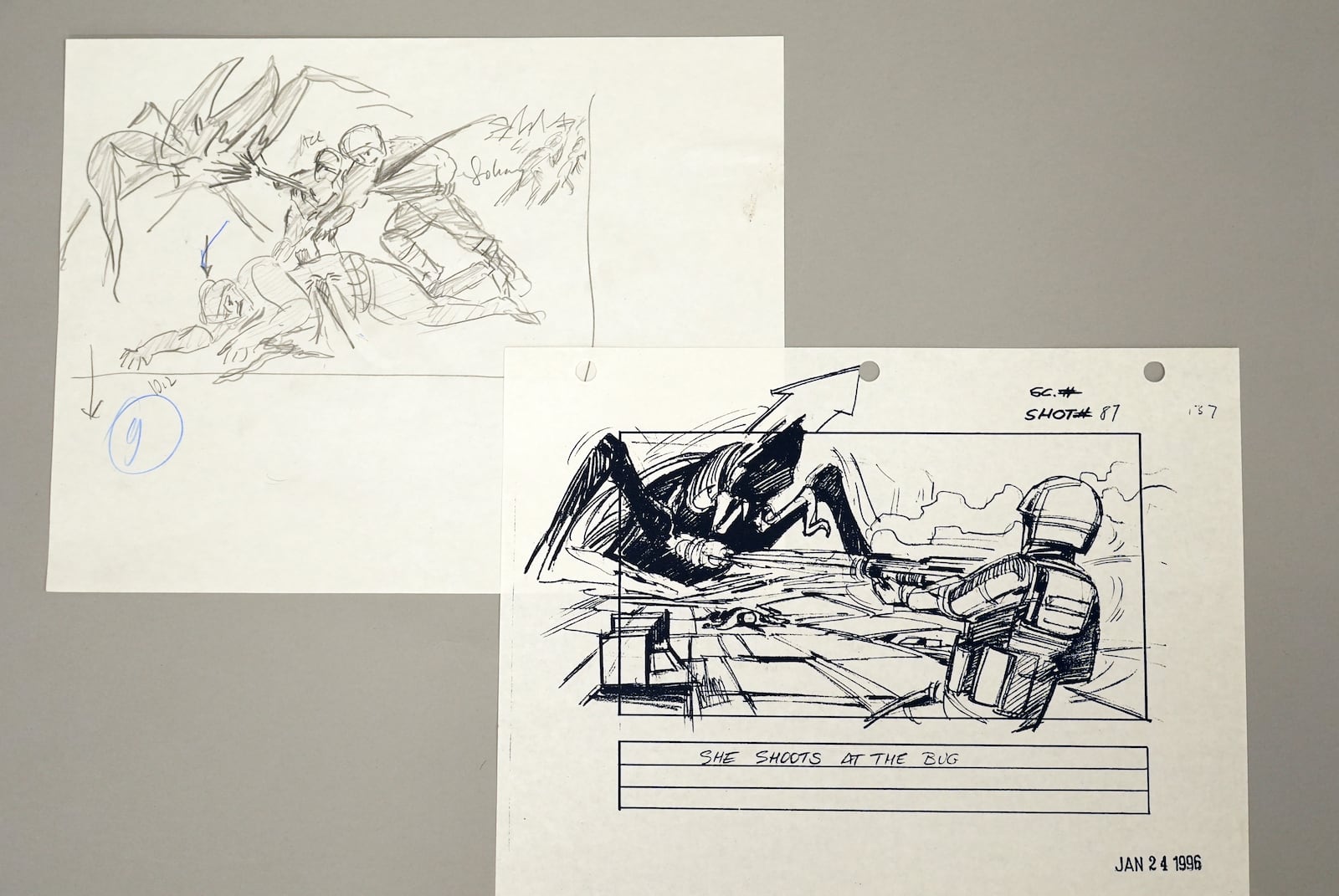 Original drawings and storyboards for director Paul Verhoeven's 1997 film "Starship Troopers" are pictured on Tuesday, Oct. 29, 2024, at the Pickford Center for Motion Picture Study in Los Angeles. (AP Photo/Chris Pizzello)