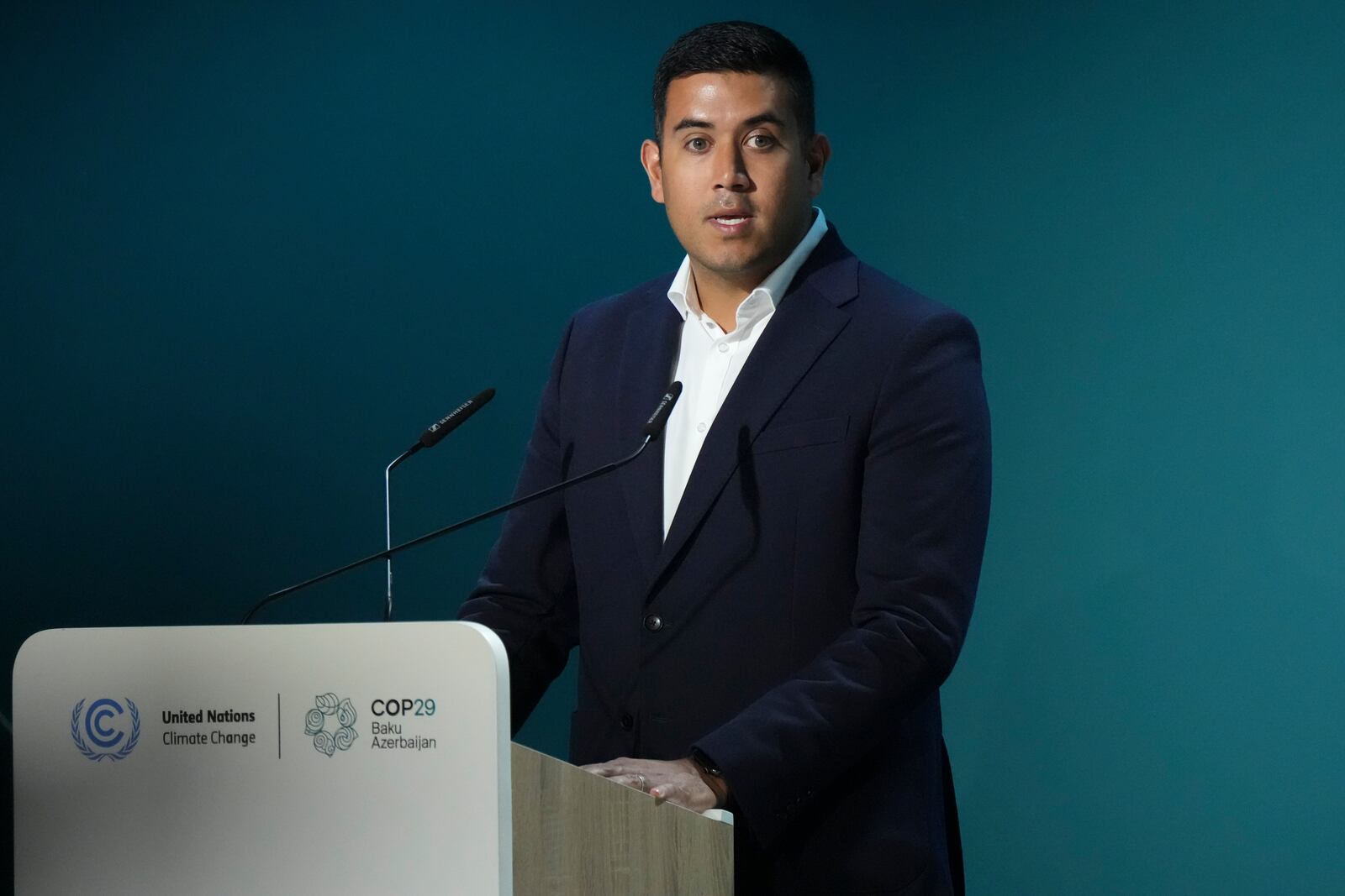 Rishi Jain, director of impact for FC Liverpool, speaks during an event on the Football Clubs Alliance for Climate at the COP29 U.N. Climate Summit, Saturday, Nov. 16, 2024, in Baku, Azerbaijan. (AP Photo/Sergei Grits)