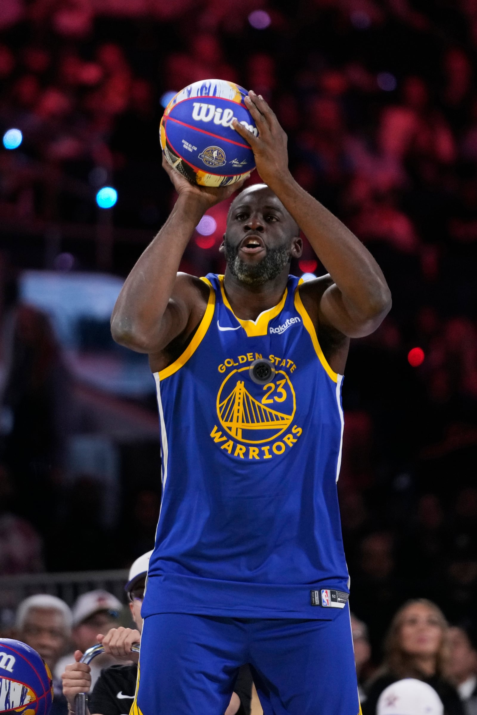 Golden State Warriors forward Draymond Green shoots during the skills challenge at the NBA basketball All-Star Saturday night festivities Saturday, Feb. 15, 2025, in San Francisco. (AP Photo/Godofredo A. Vásquez)