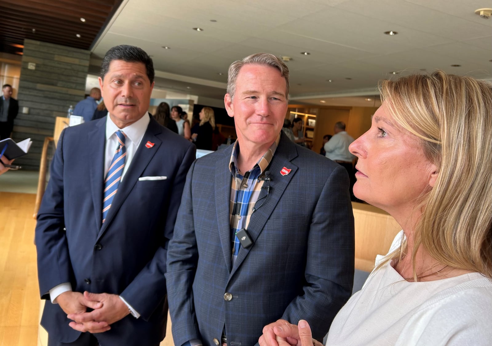 The JobsOhio Small Business Academy, Powered by Aileron was announced on Monday June 17, 2024 in Tipp City. From left are J.P. Nauseef, president and CEO of JobsOhio, Ohio Lt. Gov. Jon Husted and Aileron President Joni Fedders speaking to the media after the news conference. LYNN HULSEY/Staff