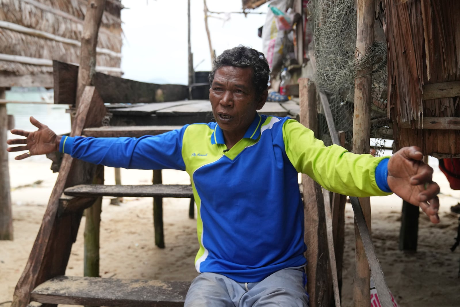 Suthat Klathale speaks during an interview with The Associated Press at Moken village at Surin Islands, Phang Nga Province, Thailand, Thursday, Dec. 12, 2024, (AP Photo/Sakchai Lalit)