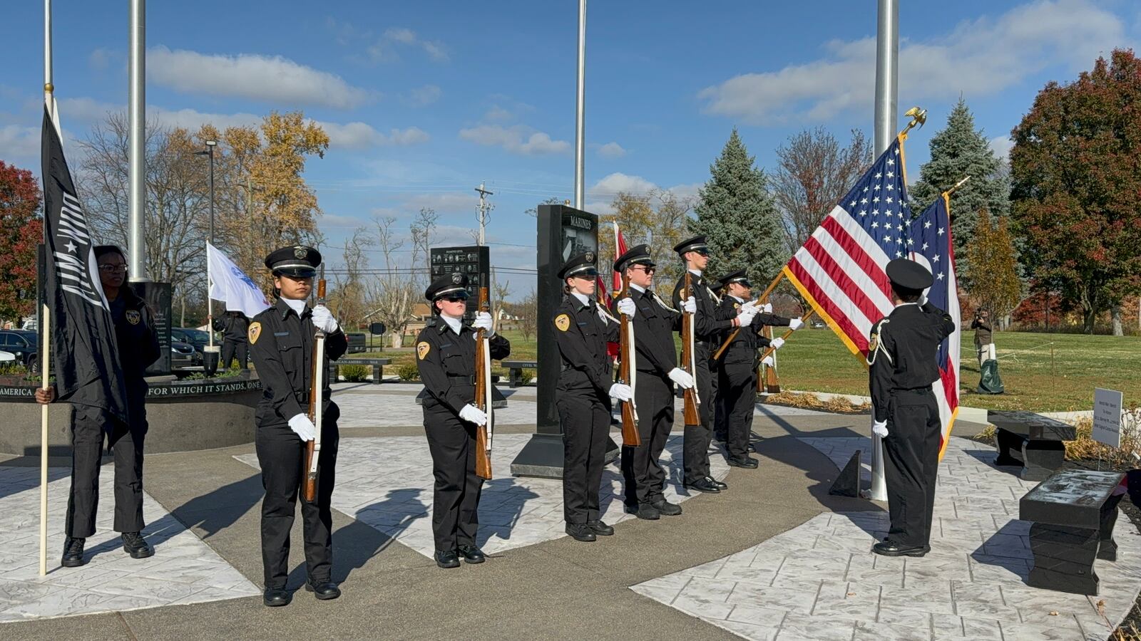 Butler Tech ROTC cadets served as the color guard at the Fairfield Twp. Veterans Day celebration on Thursday, Nov. 9, 2023, at its newly installed veterans memorial at Heroes Park at the corner of Millikin and Morris Roads. MICHAEL D. PITMAN/STAFF