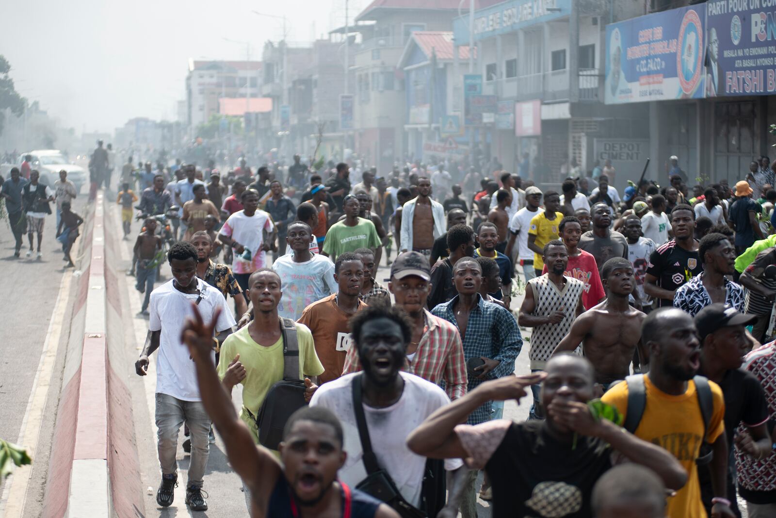 People protest in Kinshasa, Democratic Republic of the Congo Tuesday, Jan. 28, 2025, against the Rwanda-backed M23 rebels' advances into eastern Congos capital Goma.(AP Photo/Samy Ntumba Shambuyi)