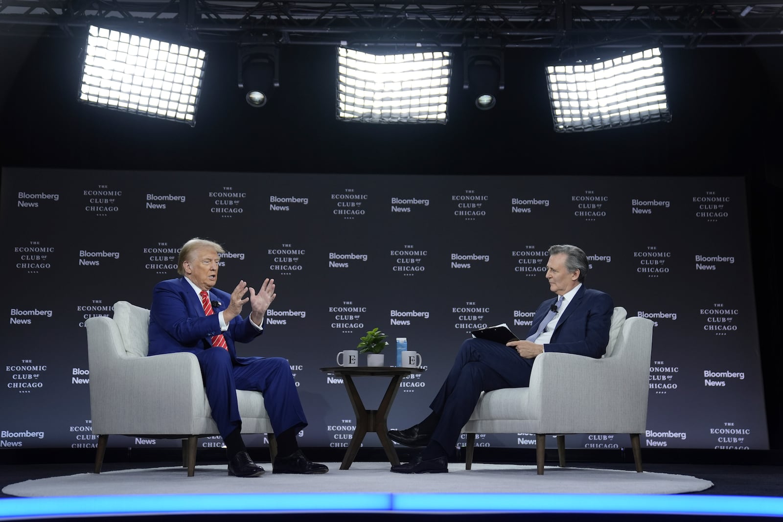 Republican presidential nominee former President Donald Trump speaks during an interview with Bloomberg News Editor-in-Chief John Micklethwait during an event with the Economic Club of Chicago, Tuesday, Oct. 15, 2024, in Chicago. (AP Photo/Evan Vucci)