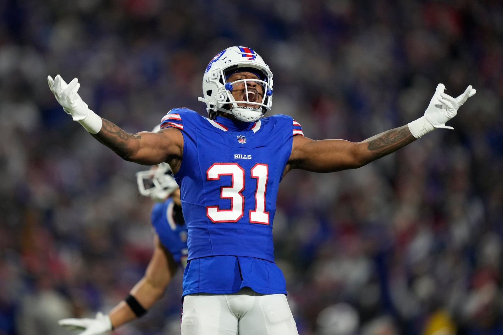 Buffalo Bills cornerback Rasul Douglas (31) reacts during the second half of an NFL football game against the Kansas City Chiefs Sunday, Nov. 17, 2024, in Orchard Park, N.Y. (AP Photo/Julia Demaree Nikhinson)