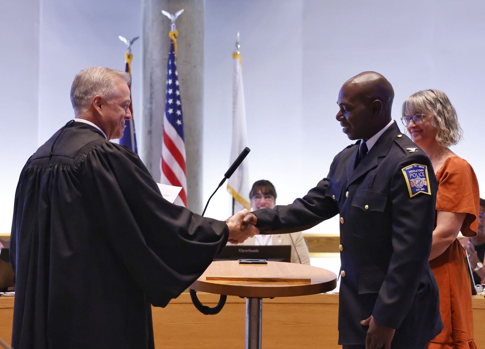 Earl Nelson is sworn in as Chief of Middletown Division of Police by Middletown Municipal Court Judge James Sherron during the city council meeting Tuesday, Aug. 6, 2024 in Middletown. NICK GRAHAM/STAFF