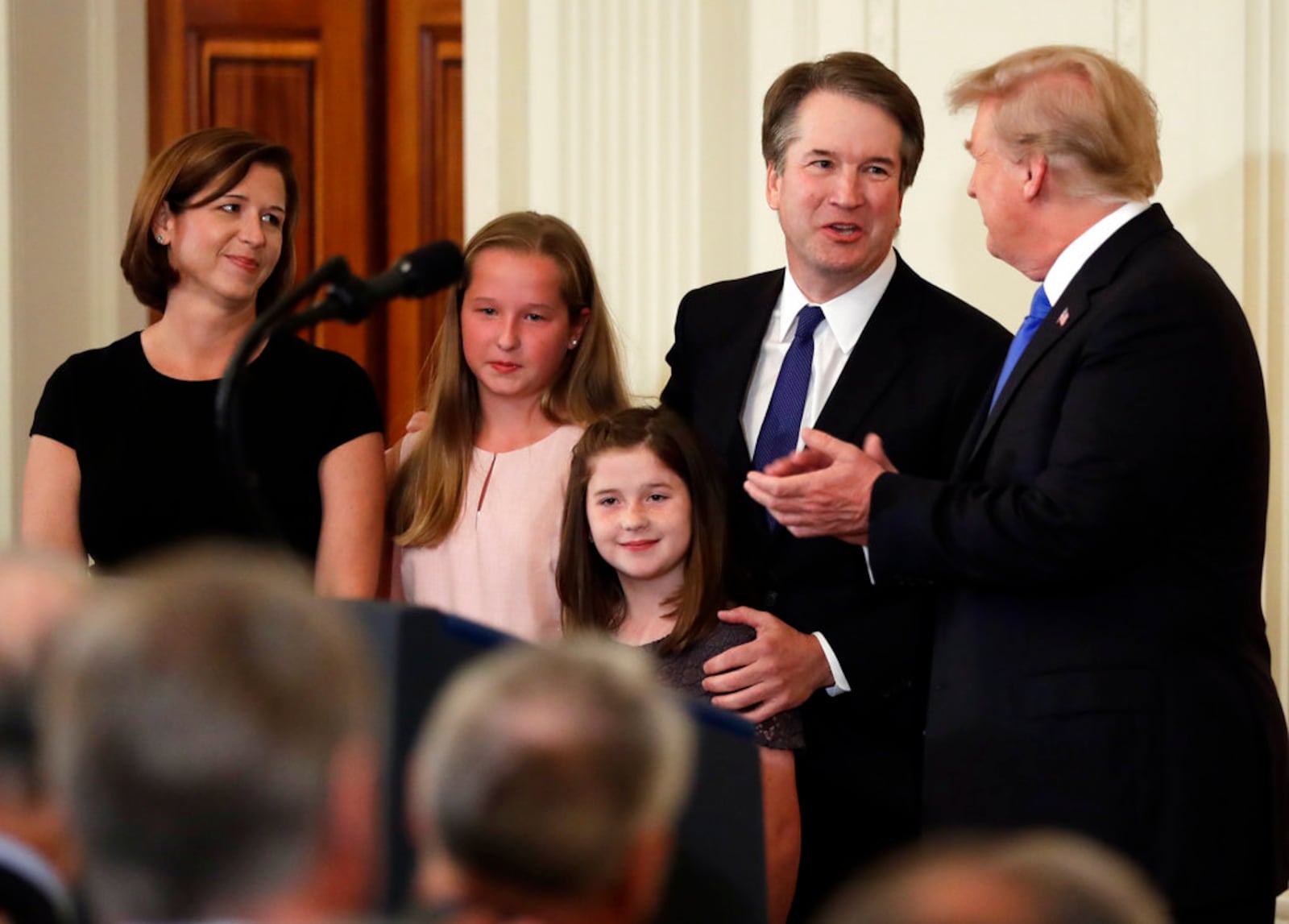 President Donald Trump greets Judge Brett Kavanaugh his Supreme Court nominee, in the East Room of the White House, Monday, July 9, 2018, in Washington.   (AP Photo/Evan Vucci)