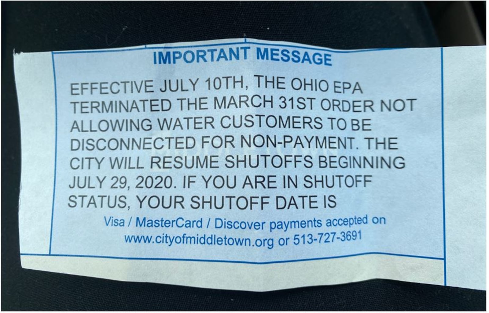 Middletown utility customers were sent a reminder in their bills that the city would be resuming water shutoffs for non payment starting July 29. CONTRIBUTED/CITY OF MIDDLETOWN