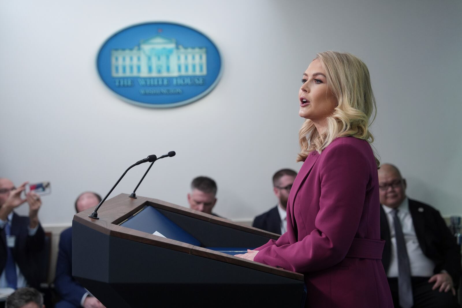 White House press secretary Karoline Leavitt speaks during a briefing at the White House, Tuesday, Jan. 28, 2025, in Washington. (AP Photo/Evan Vucci)