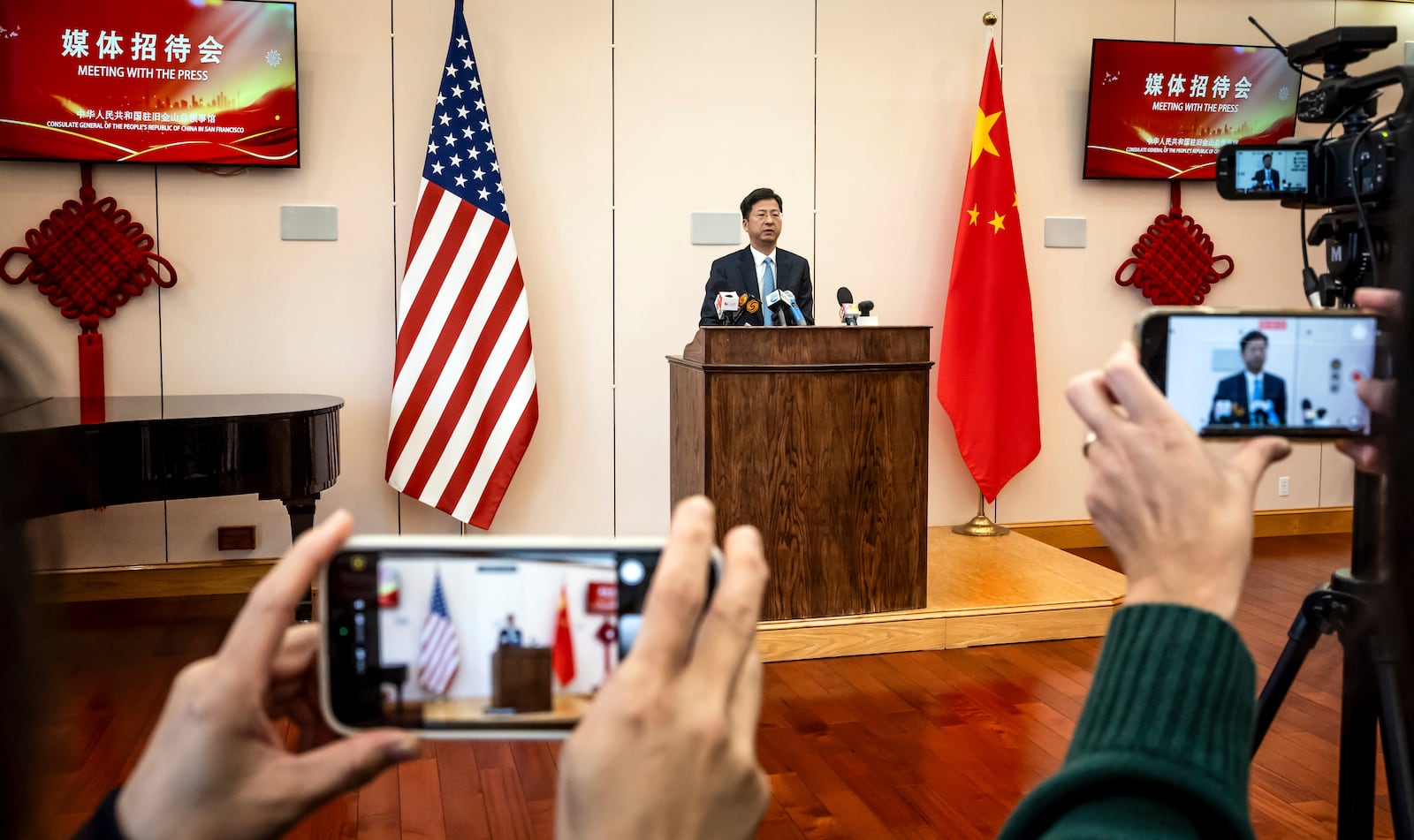 Zhang Jianmin, the consul general of the People's Republic of China in San Francisco, addresses President Donald Trump's tariffs on China during a meeting with the press at his home in San Francisco, Wednesday, March 12, 2025. (Carlos Avila Gonzalez/San Francisco Chronicle via AP)