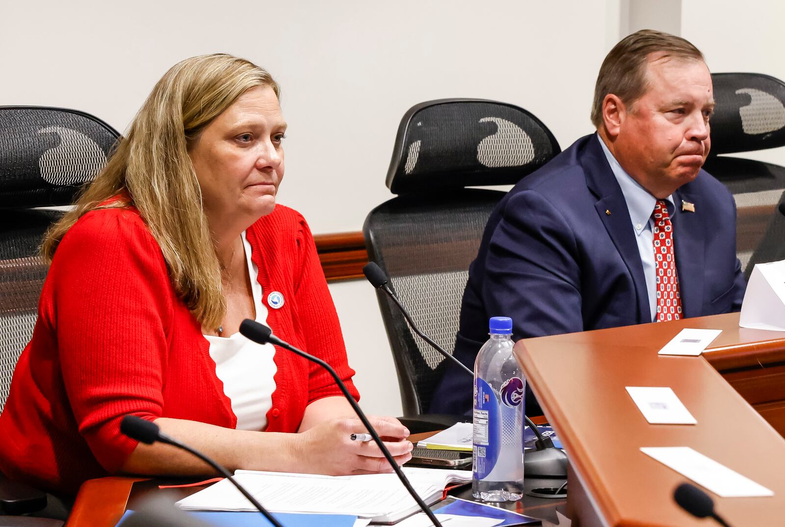 Miami Conservancy District general manager, MaryLynn Lodor, left, and board president Mark Rentschler speak during a special Hamilton city council meeting to discuss the Miami Conservancy District assessment increase Thursday, April 18, 2024 in Hamilton. NICK GRAHAM/STAFF