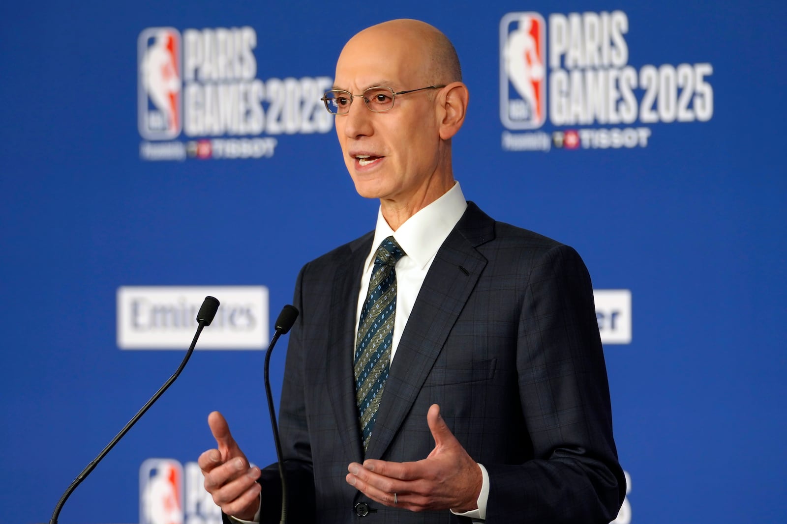 NBA Commissioner Adam Silver speaks at a news conference before a Paris Games 2025 NBA basketball game between the Indiana Pacers and the San Antonio Spurs in Paris, Thursday, Jan. 23, 2025. (AP Photo/Thibault Camus)