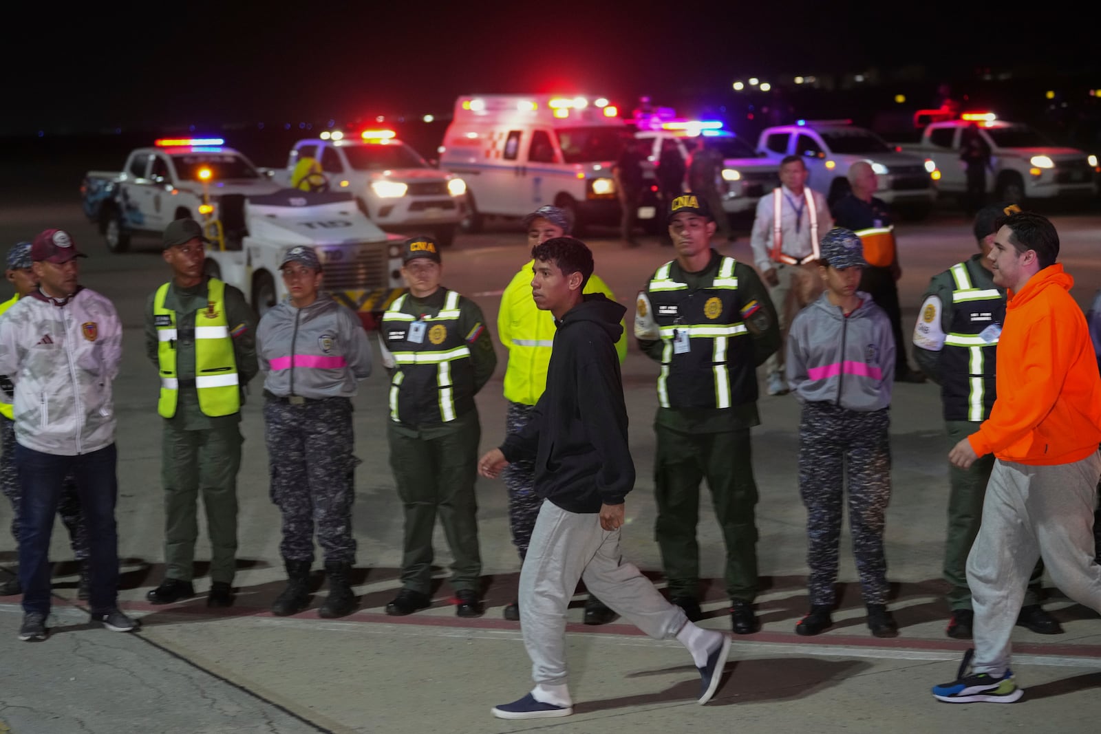 Venezuelan migrants deported from the United States arrive at Simon Bolivar International Airport in Maiquetia, Venezuela, Monday, Feb. 10, 2025. (AP Photo/Ariana Cubillos)