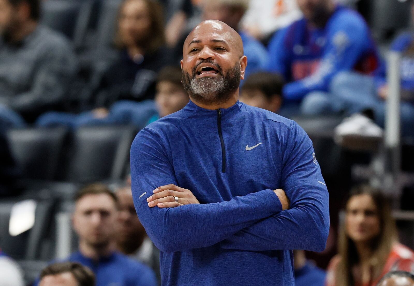 Detroit Pistons head coach J.B. Bickerstaff shouts to his team during the first half of an NBA basketball game against the Atlanta Hawks, Monday, Feb. 3, 2025, in Detroit. (AP Photo/Duane Burleson)