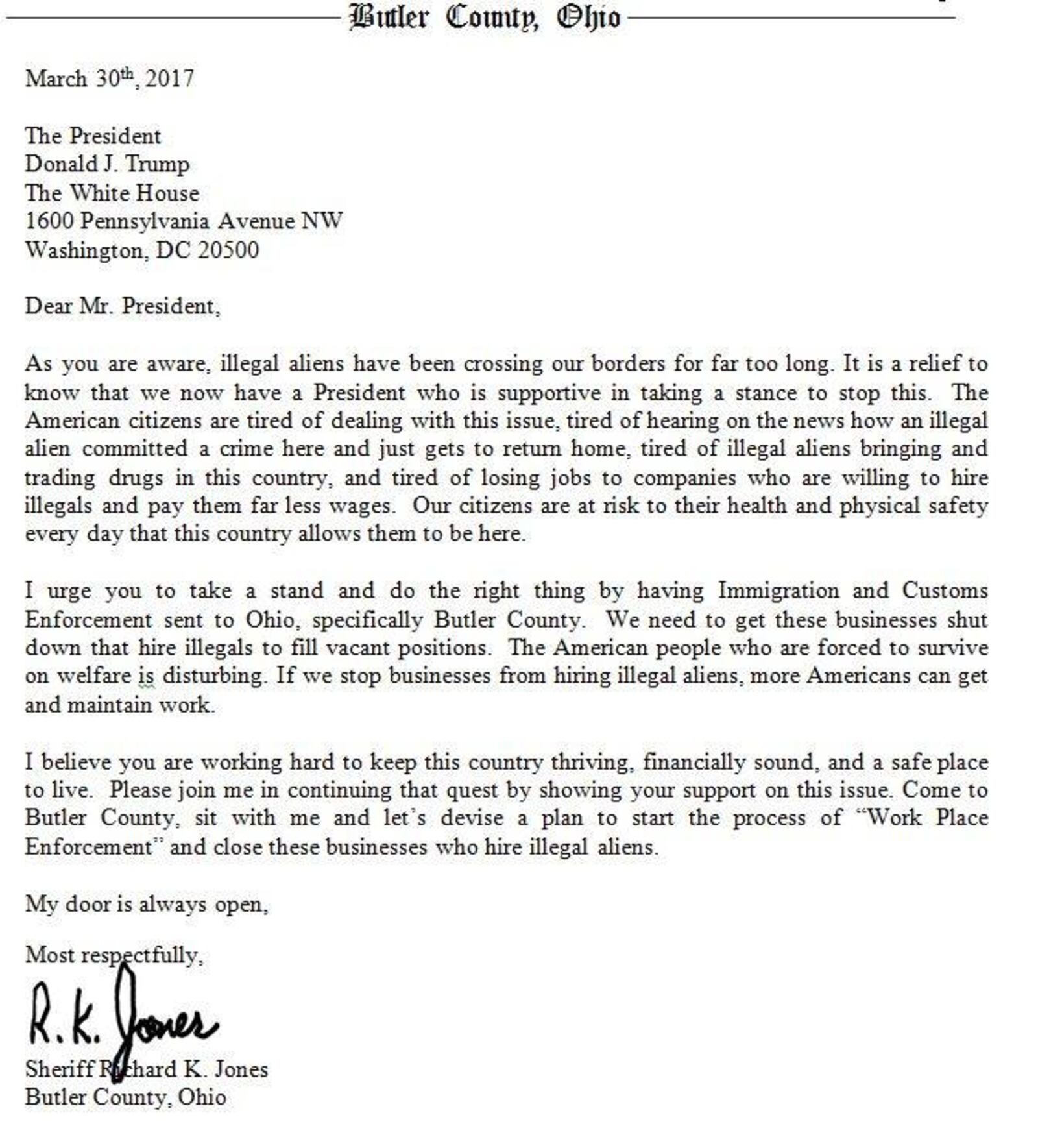 Letter sent to President Donald Trump from Butler County Sheriff Richard Jones