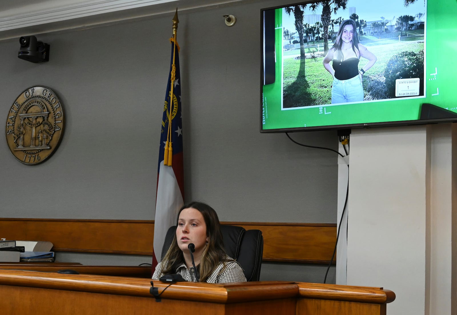 Lilly Steiner, roommate of Laken Riley, testifies during a trial of Jose Ibarra,accused of killing the Georgia nursing student earlier this year at Athens-Clarke County Superior Court, Friday, Nov. 15, 2024, in Athens, Ga. (Hyosub Shin/Atlanta Journal-Constitution via AP, Pool)