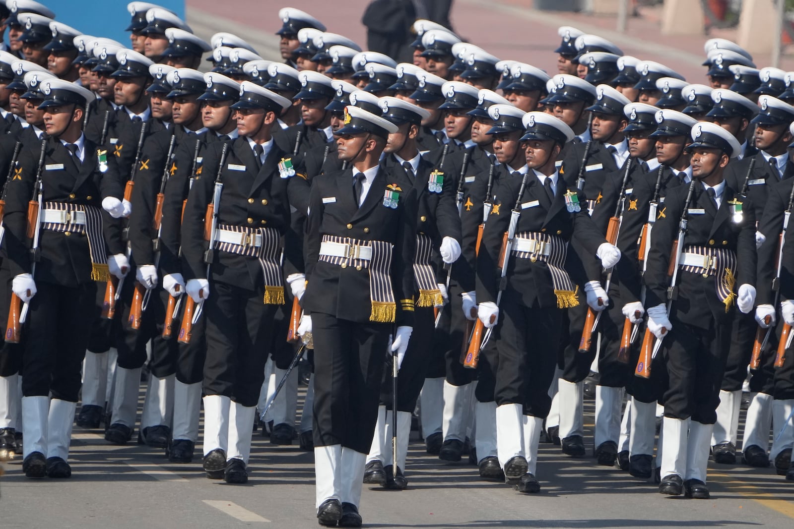 Indian defense forces march through the ceremonial Kartavya Path boulevard during India's Republic Day parade celebrations in New Delhi, India, Sunday, Jan. 26, 2025. (AP Photo/Channi Anand)