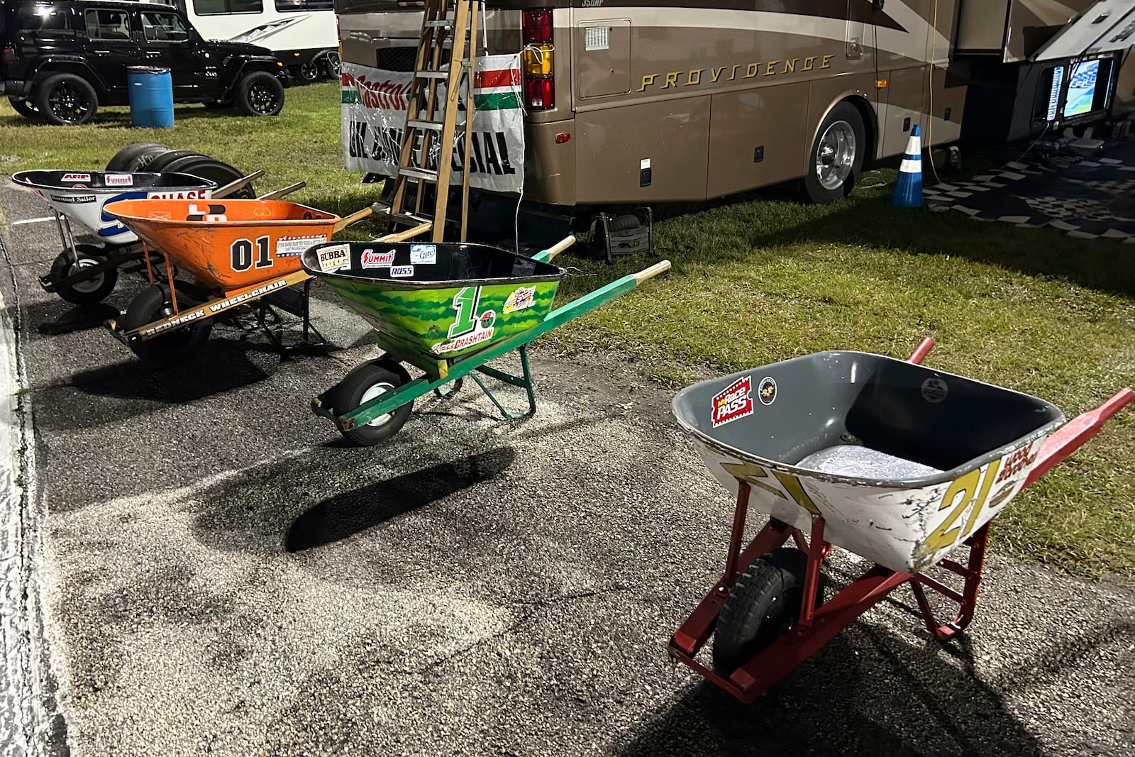 Wheelbarrows are lined up for the Daytona 500 weekend races at Daytona International Speedway , Wednesday, Feb 12, 2025. (AP photo/ Mark Long).