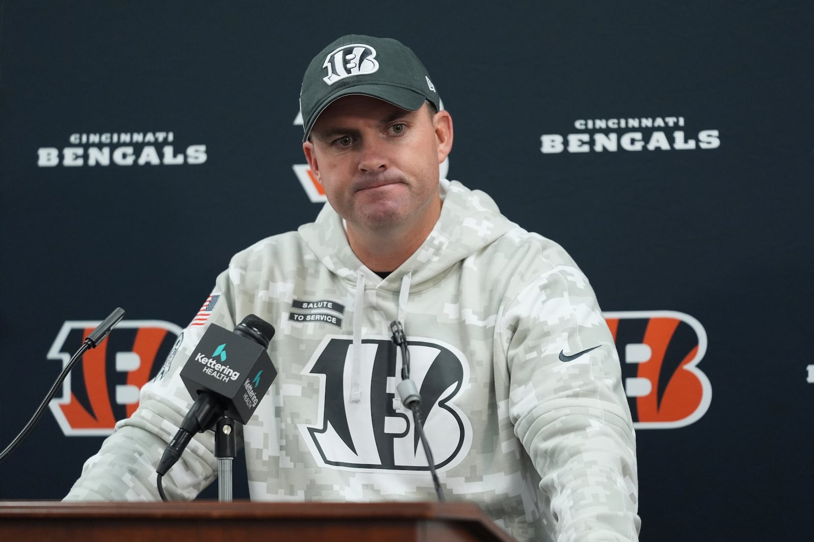 Cincinnati Bengals head coach Zac Taylor pauses as he speaks after an NFL football game against the Baltimore Ravens, Thursday, Nov. 7, 2024, in Baltimore. The Ravens won 35-34. (AP Photo/Stephanie Scarbrough)