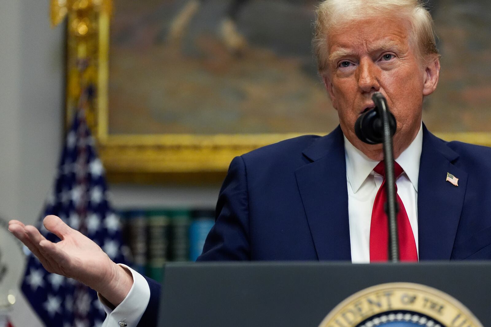 President Donald Trump speaks in the Roosevelt Room of the White House, Tuesday, Jan. 21, 2025, in Washington. (AP Photo/Julia Demaree Nikhinson)