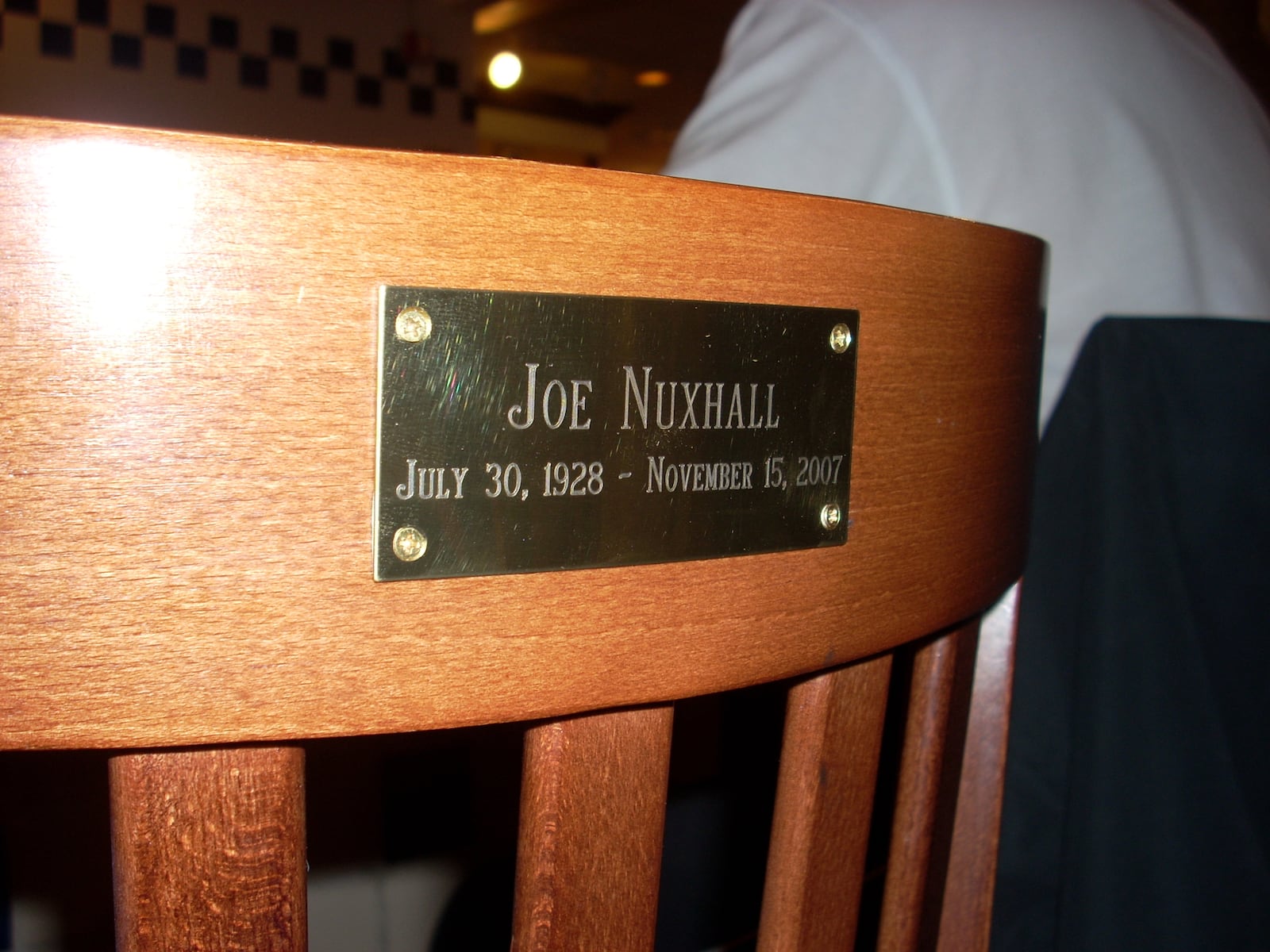 The seat Joe Nuxhall sat in for years, eating breakfast along side his son Kim Nuxhall at Bob Evans on Ohio 4 in Fairfield, was retired in 2008. 