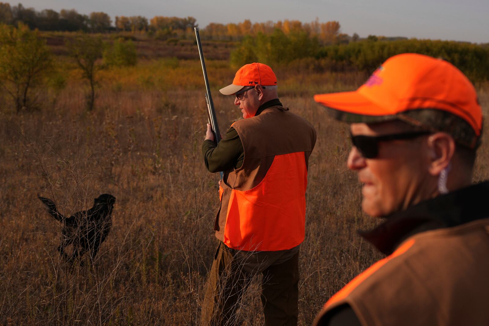 Flanked by his Secret Service detail, Minnesota Governor and Democratic Vice Presidential candidate Tim Walz takes part in the annual Minnesota Governor's Pheasant Hunting Opener, Saturday, Oct. 12, 2024, near Sleepy Eye, Minn. (Anthony Souffle/Star Tribune via AP)