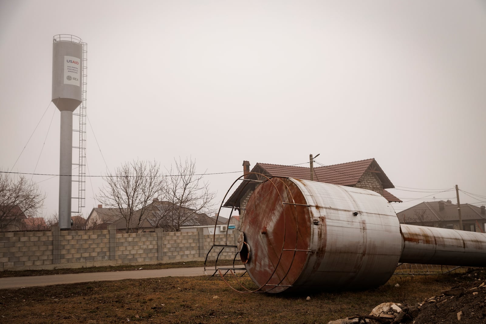 A banner of the USAID for a supported project for the rehabilitation of two water towers is seen in the village of Ciorescu, Moldova, Thursday, Jan. 30, 2025. (AP Photo/Aurel Obreja)