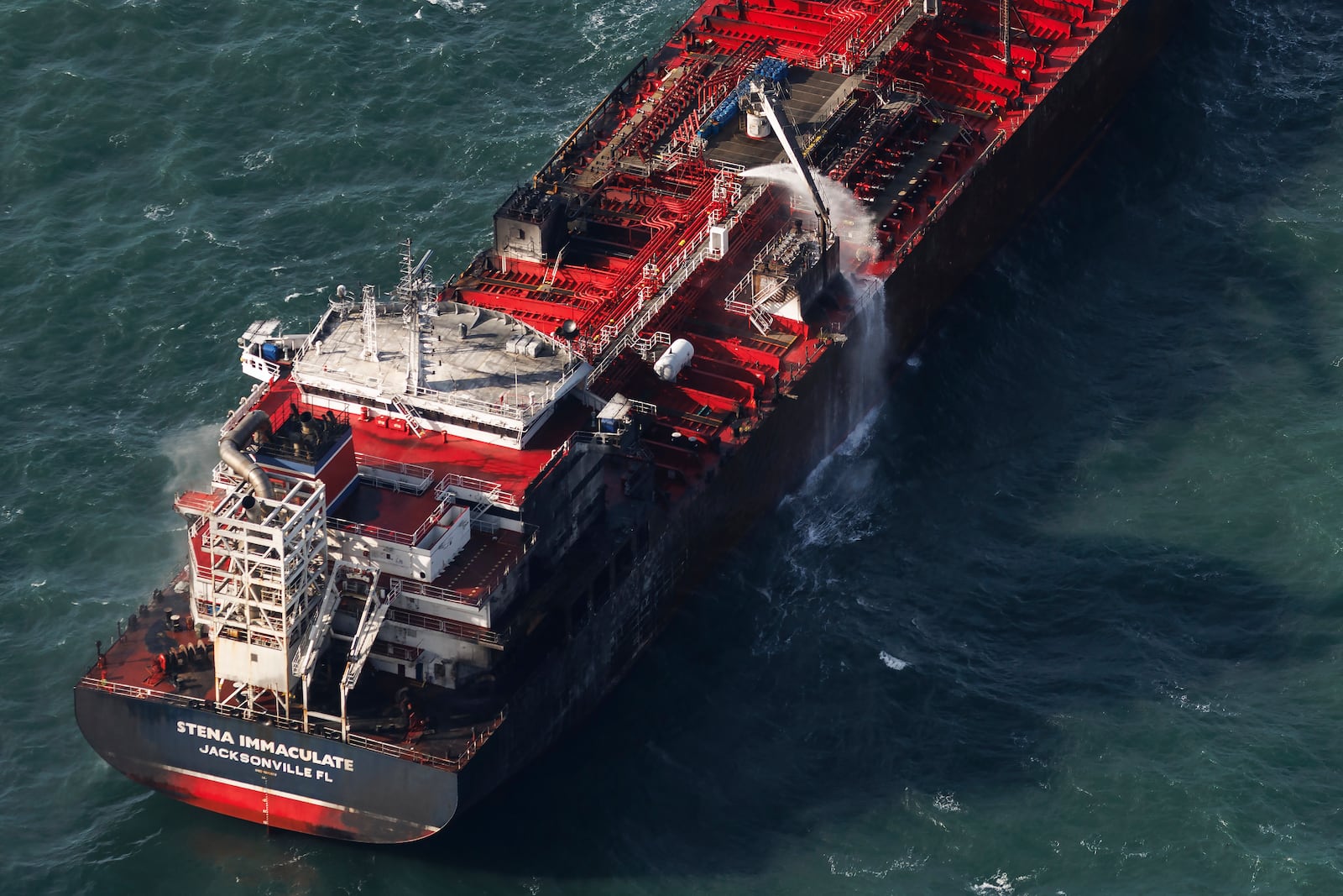 The damaged MV Stena Immaculate tanker is seen at anchor off the Yorkshire coast in the North Sea near Grimsby, England, Tuesday, March 11, 2025 in England. (Dan Kitwood/Pool Photo via AP)