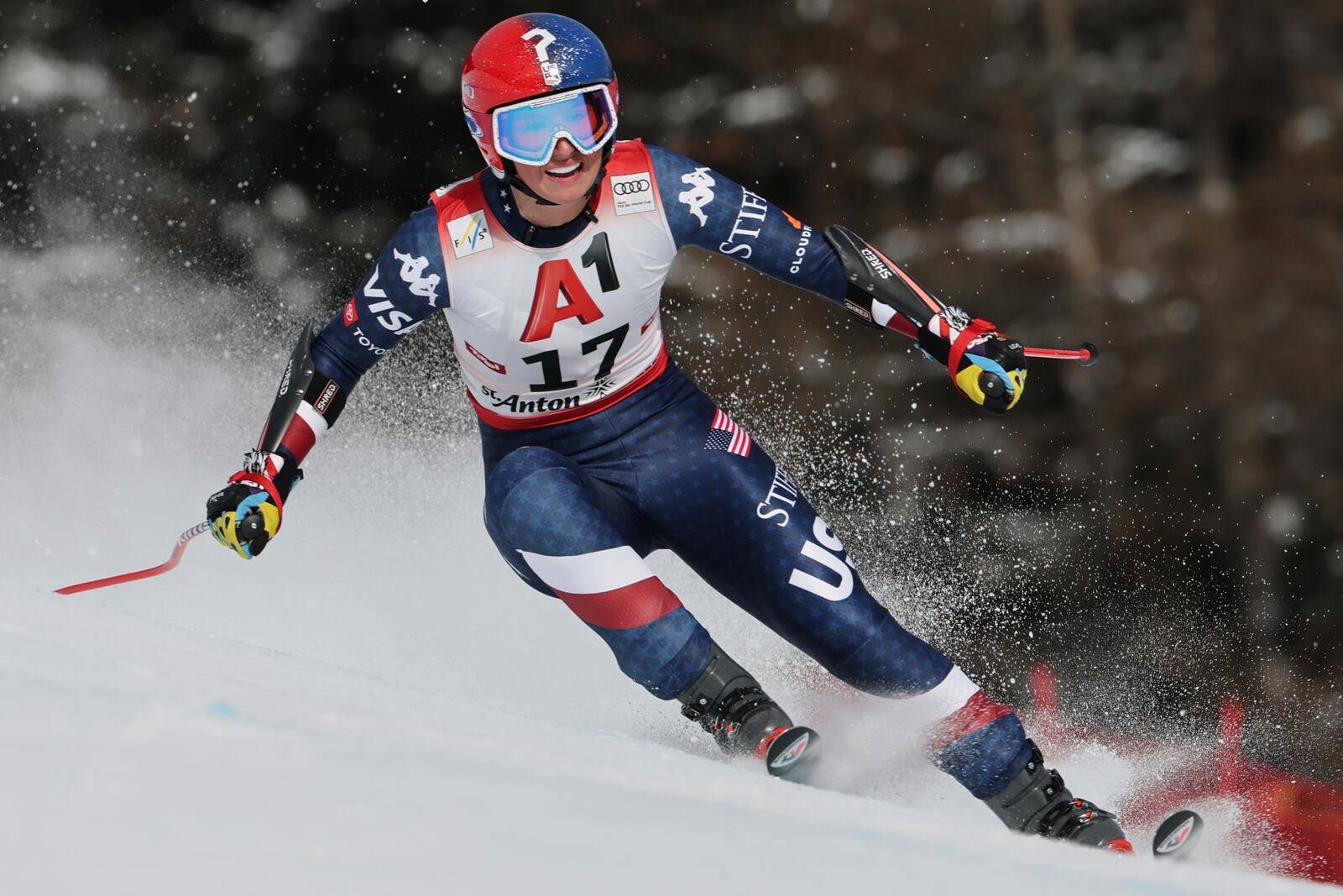 United States' Lauren Macuga speeds down the course during an alpine ski, women's World Cup super G race, in St. Anton, Austria, Sunday, Jan. 12, 2025. (AP Photo/Marco Trovati)