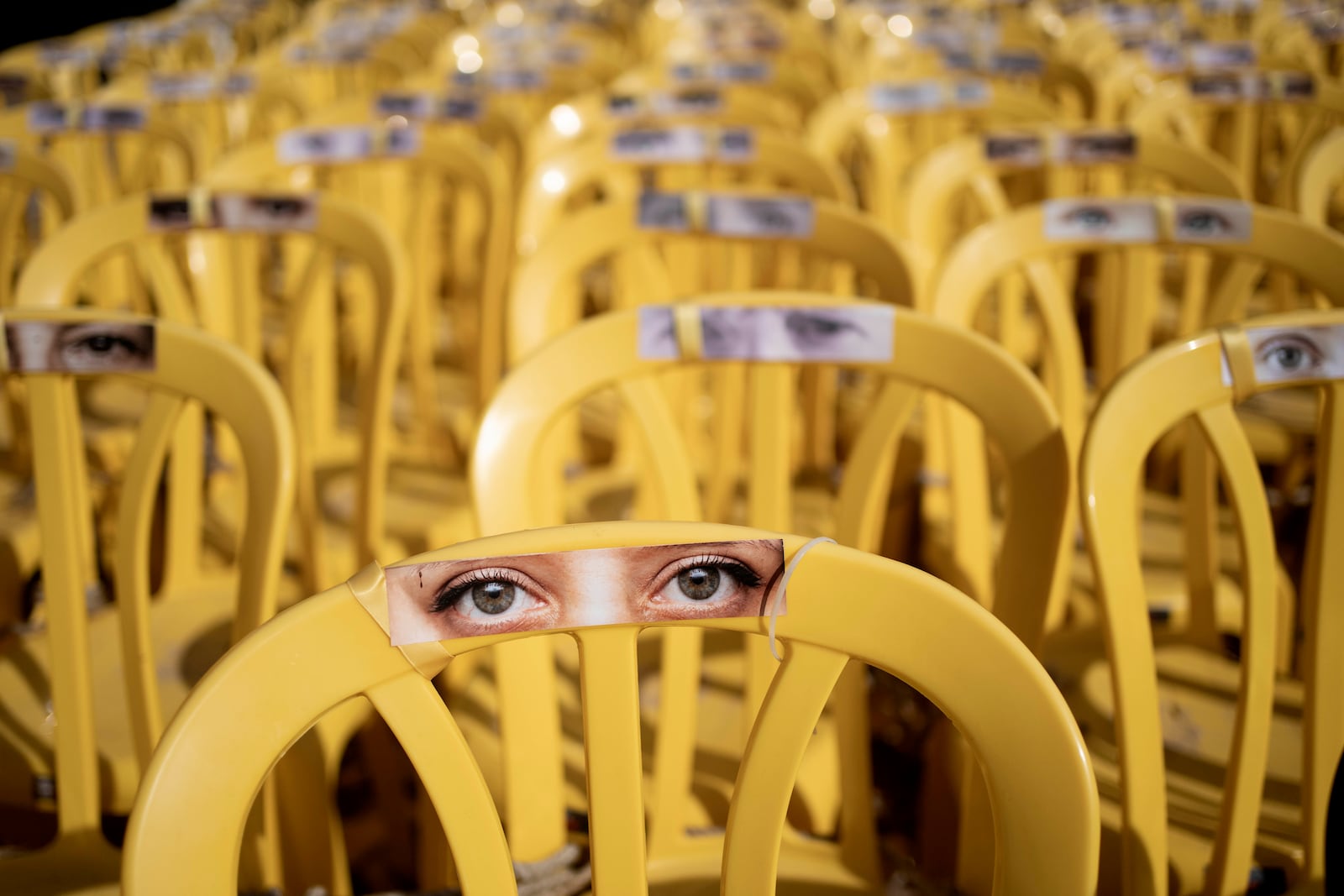 A display of empty chairs in a square in Tel Aviv, Israel, that is a gathering point for families of hostages held by the Hamas militant group in the Gaza Strip, Thursday, Nov. 14, 2024. (AP Photo/Maya Alleruzzo)