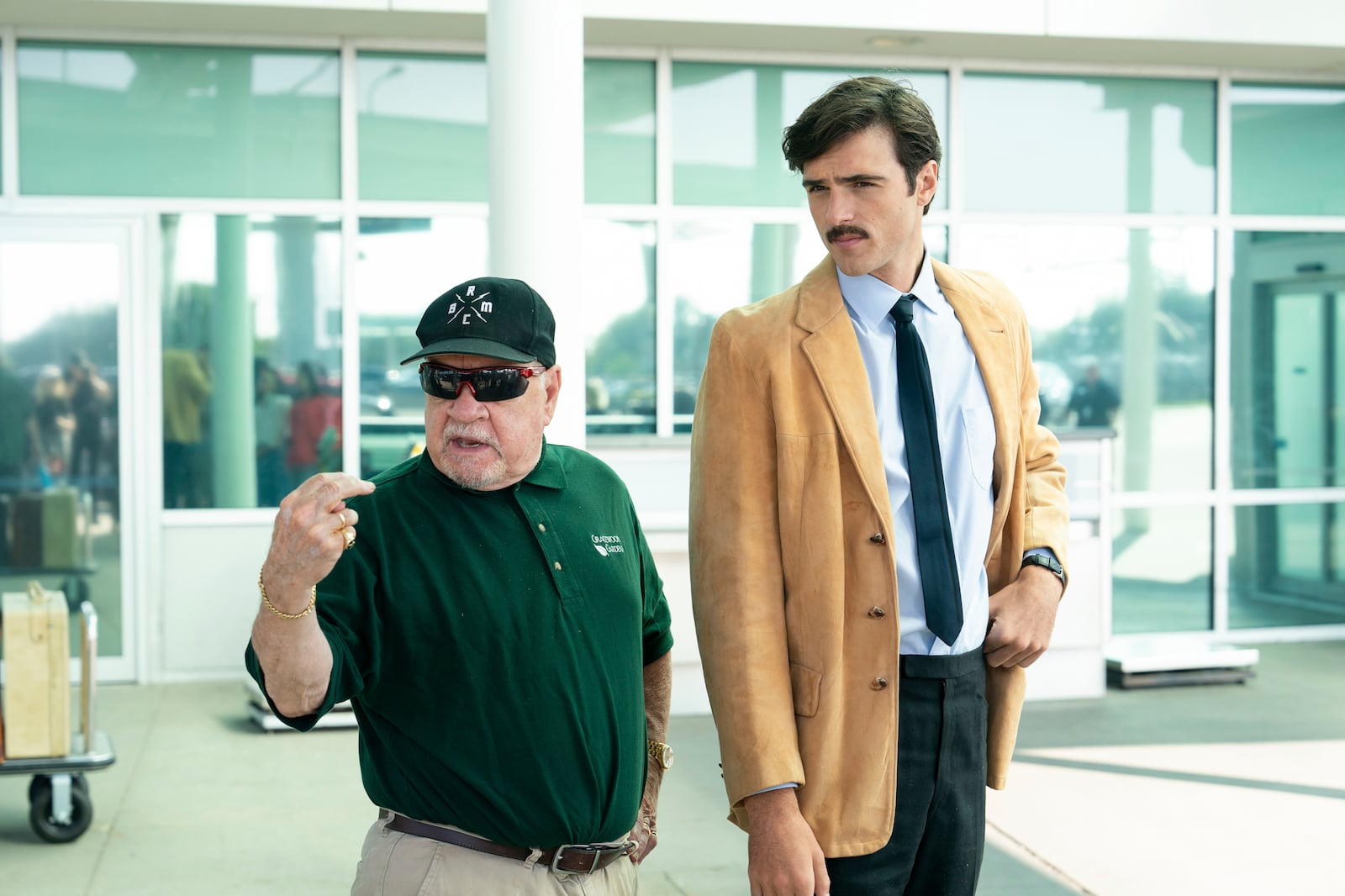 This image released by Kino Lorber shows filmmaker Paul Schrader, left, with actor Jacob Elordi on the set of "Oh, Canada." (Jeong Park/Kino Lorber via AP)