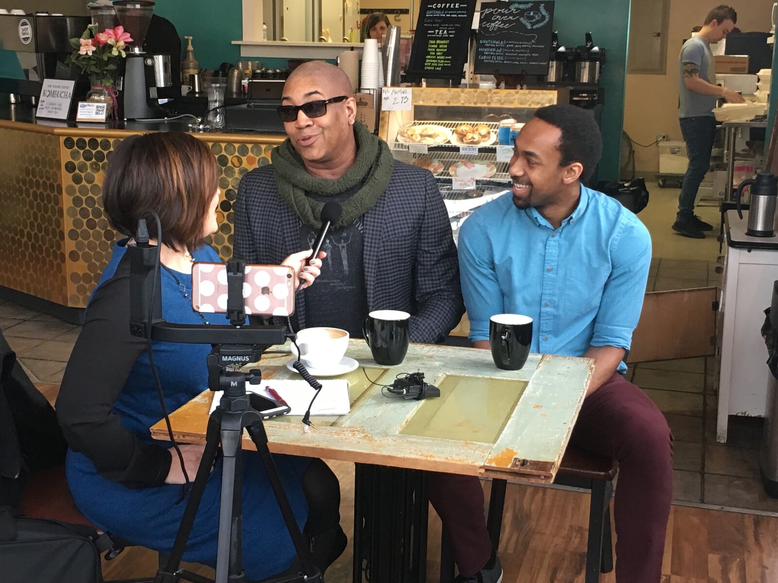 The actors who portray George Washington and Alexander Hamilton in the musical "Hamilton" playing in Cincinnati visited Hamilton on Wednesday, Feb. 27, 2019. GREG LYNCH / STAFF