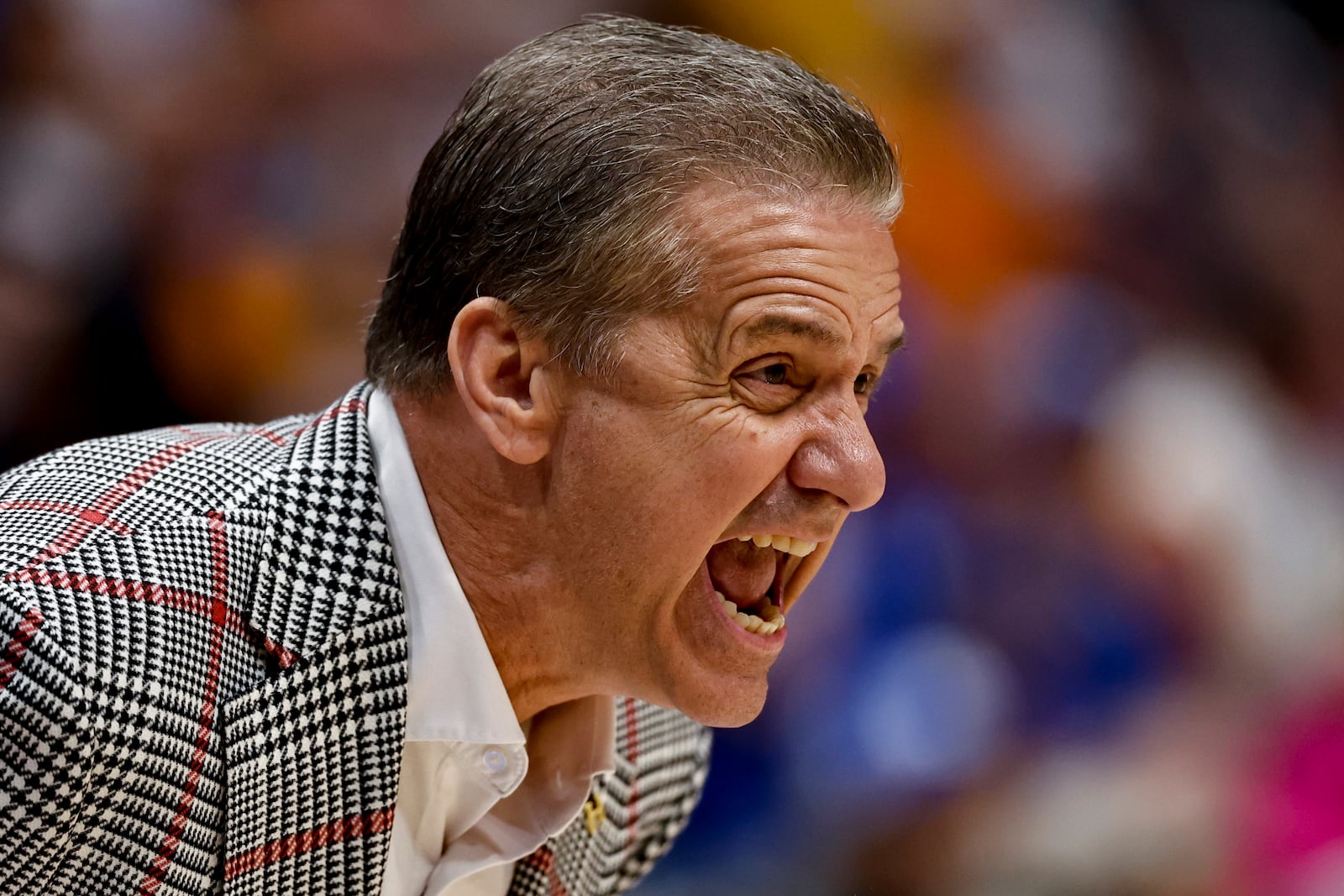 Arkansas head coach John Calipari speaks during the second half of an NCAA college basketball game against Mississippi at the Southeastern Conference tournament, Thursday, March 13, 2025, in Nashville, Tenn. (AP Photo/Wade Payne)