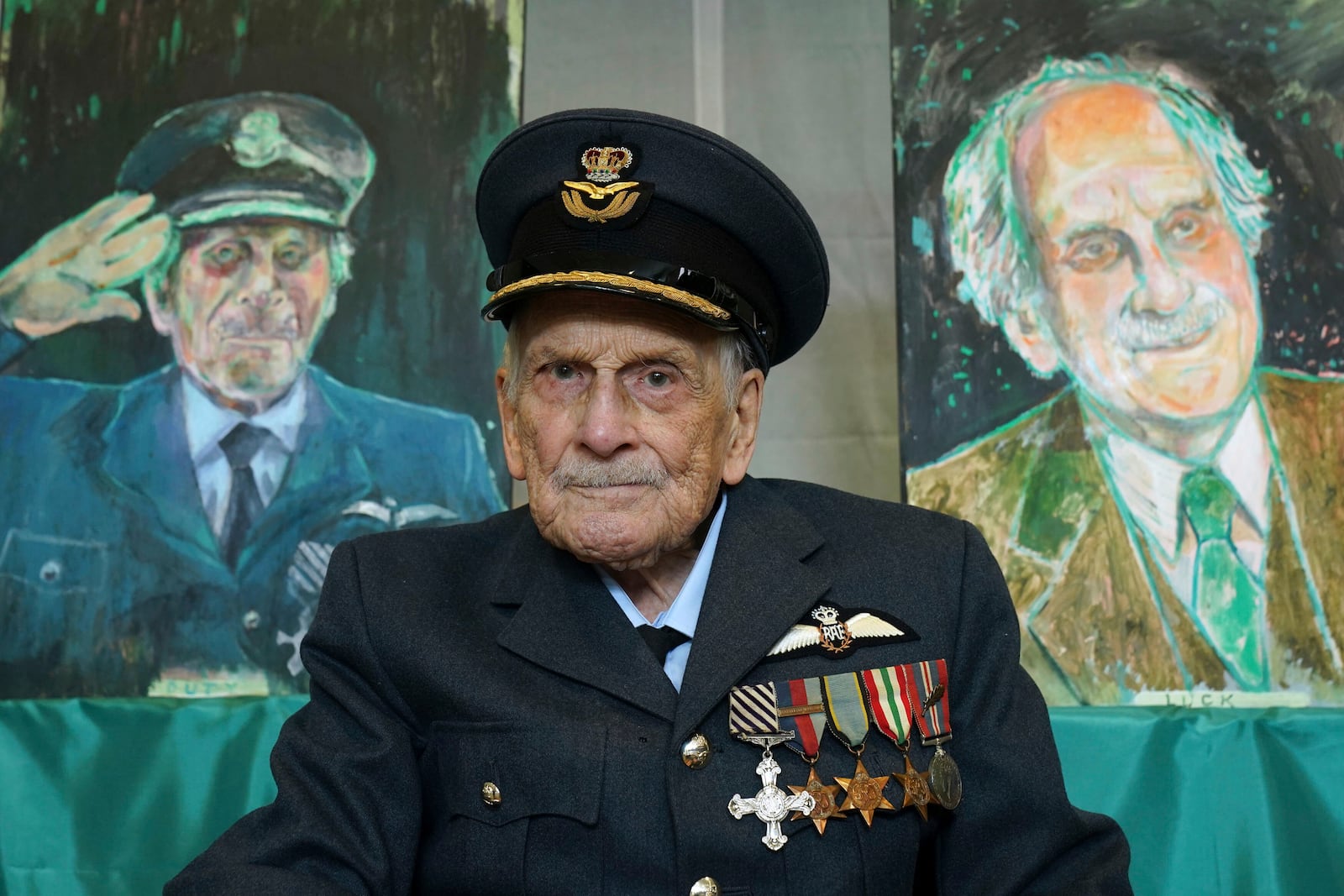 FILE - The last known Battle of Britain pilot, Group Captain John 'Paddy' Hemingway DFC celebrating his 105th birthday at the British Embassy in Dublin, Ireland, July 17, 2024. (Brian Lawless/PA via AP, File)